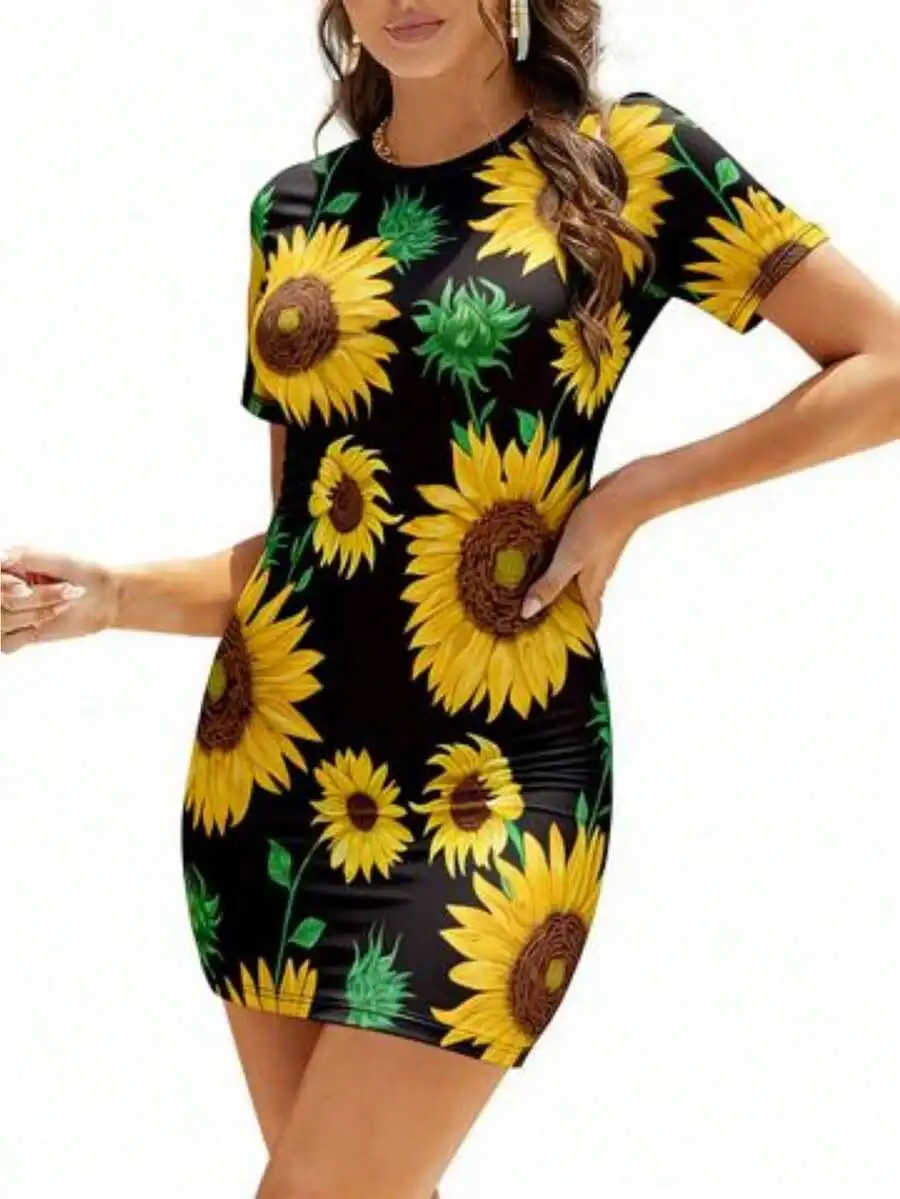 Women Short Sleeve Bodycon Mini Dress Black Sunflower Floral Print Stretchy Casual Summer Dress
Women Short Sleeve Bodycon Mini Dress Black Sunflower Floral Print Stretchy Casual Summer Dress