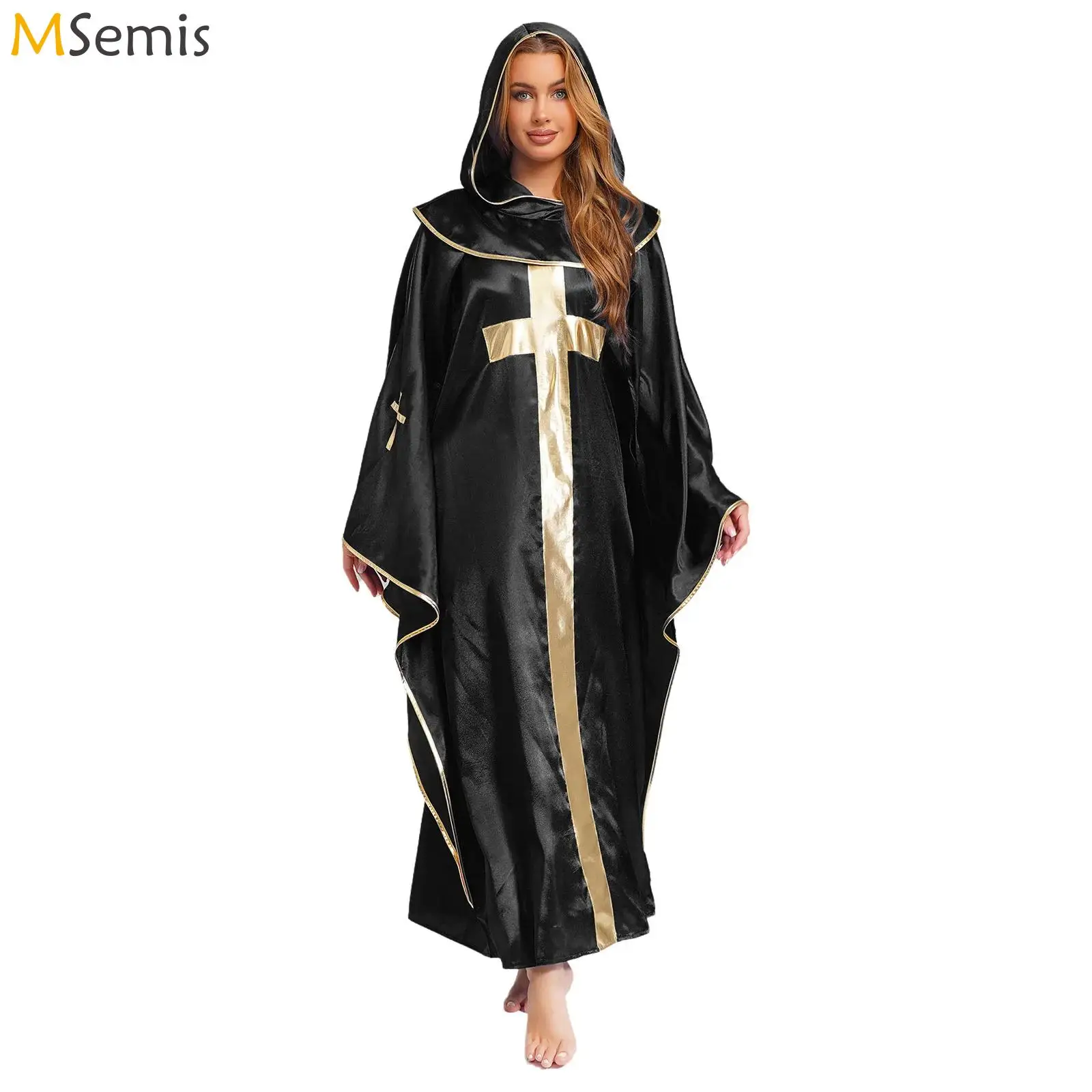 Unisex Adult Priest Cosplay Hooded Robe Shiny Trim Gold Cross Church Events Cape Halloween Vampire Wizard Witch Cosplay Costume
Unisex Adult Priest Cosplay Hooded Robe Shiny Trim Gold Cross Church Events Cape Halloween Vampire Wizard Witch Cosplay Costume