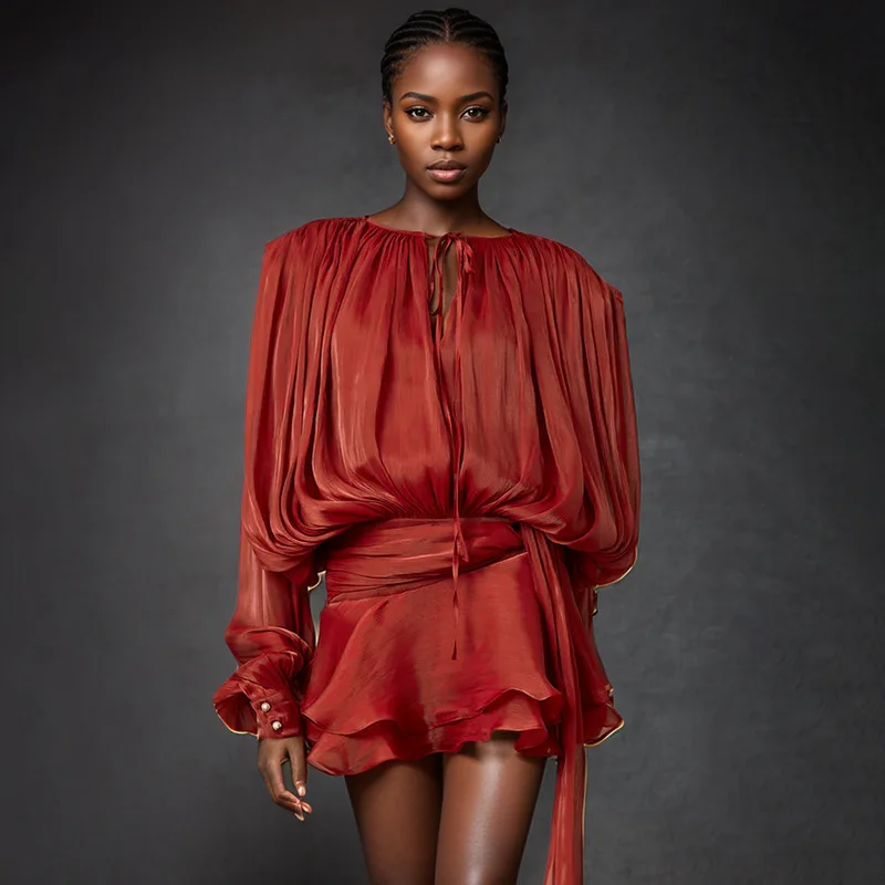Elegant Pleated Short Dress Women Loose Lace Up Long Lantern Sleeve V Neck Dresses Female 2025 Spring Hollow Out Beach Robe Lady
Elegant Pleated Short Dress Women Loose Lace Up Long Lantern Sleeve V Neck Dresses Female 2025 Spring Hollow Out Beach Robe Lady