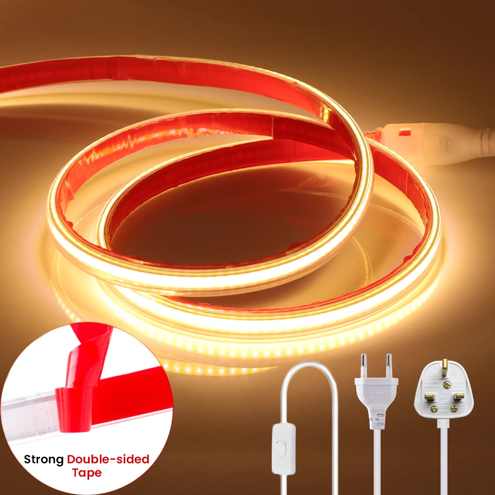 High Brightness 220V COB LED Strip Light Adhesive Waterproof Flexible Ribbon LED Tape Light for Bedroom Kitchen Outdoor Lighting
High Brightness 220V COB LED Strip Light Adhesive Waterproof Flexible Ribbon LED Tape Light for Bedroom Kitchen Outdoor Lighting