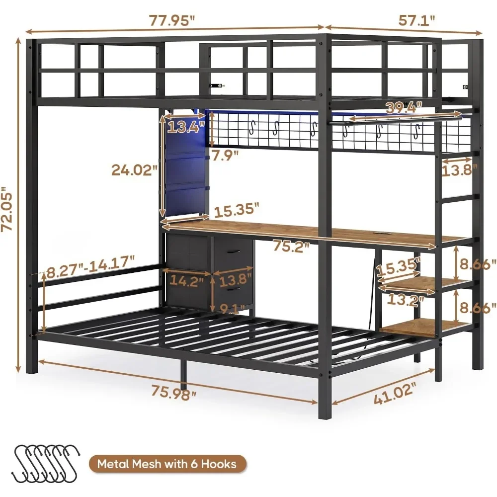 Full Size Over Twin Bunk Bed with Desk and Charging Station, Metal Full Over Twin Loft Bed with Led Lights & Storage Shelves
Full Size Over Twin Bunk Bed with Desk and Charging Station, Metal Full Over Twin Loft Bed with Led Lights & Storage Shelves
