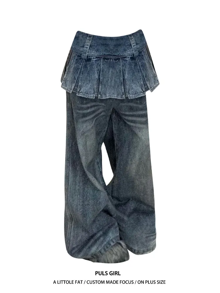Retro American Denim Skirt Pants High Waist Wide Leg Floor Length Women's plus Size Faux Two-Piece Casual Straight Leg Trousers
Retro American Denim Skirt Pants High Waist Wide Leg Floor Length Women's plus Size Faux Two-Piece Casual Straight Leg Trousers