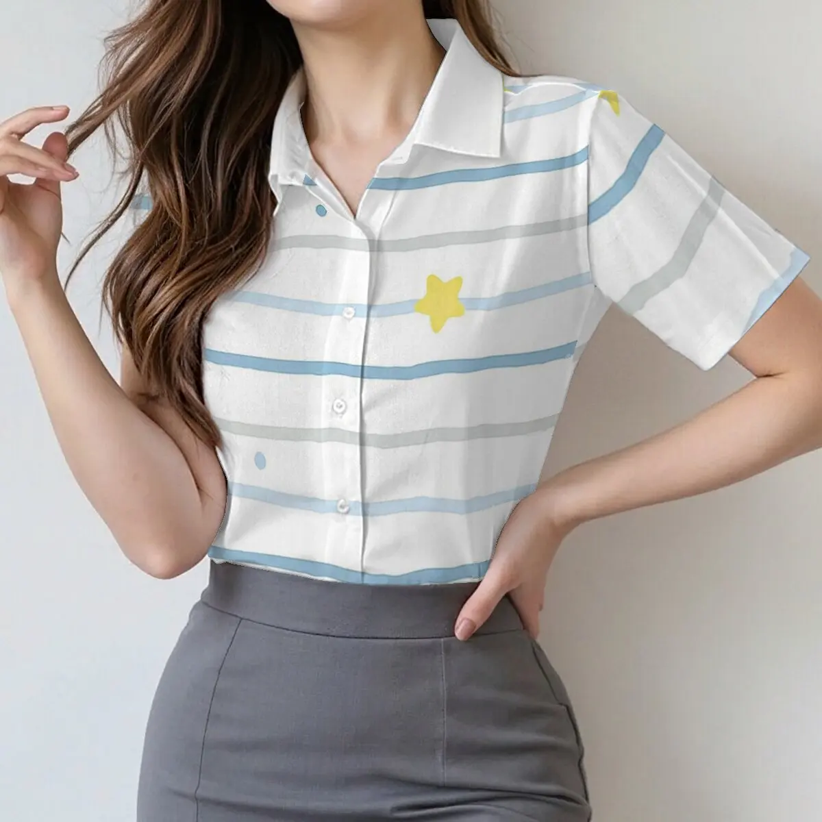 Women's fashion striped short-sleeve shirt with star details, fresh, casual, simple and trendy for business and social occasions
Women's fashion striped short-sleeve shirt with star details, fresh, casual, simple and trendy for business and social occasions
