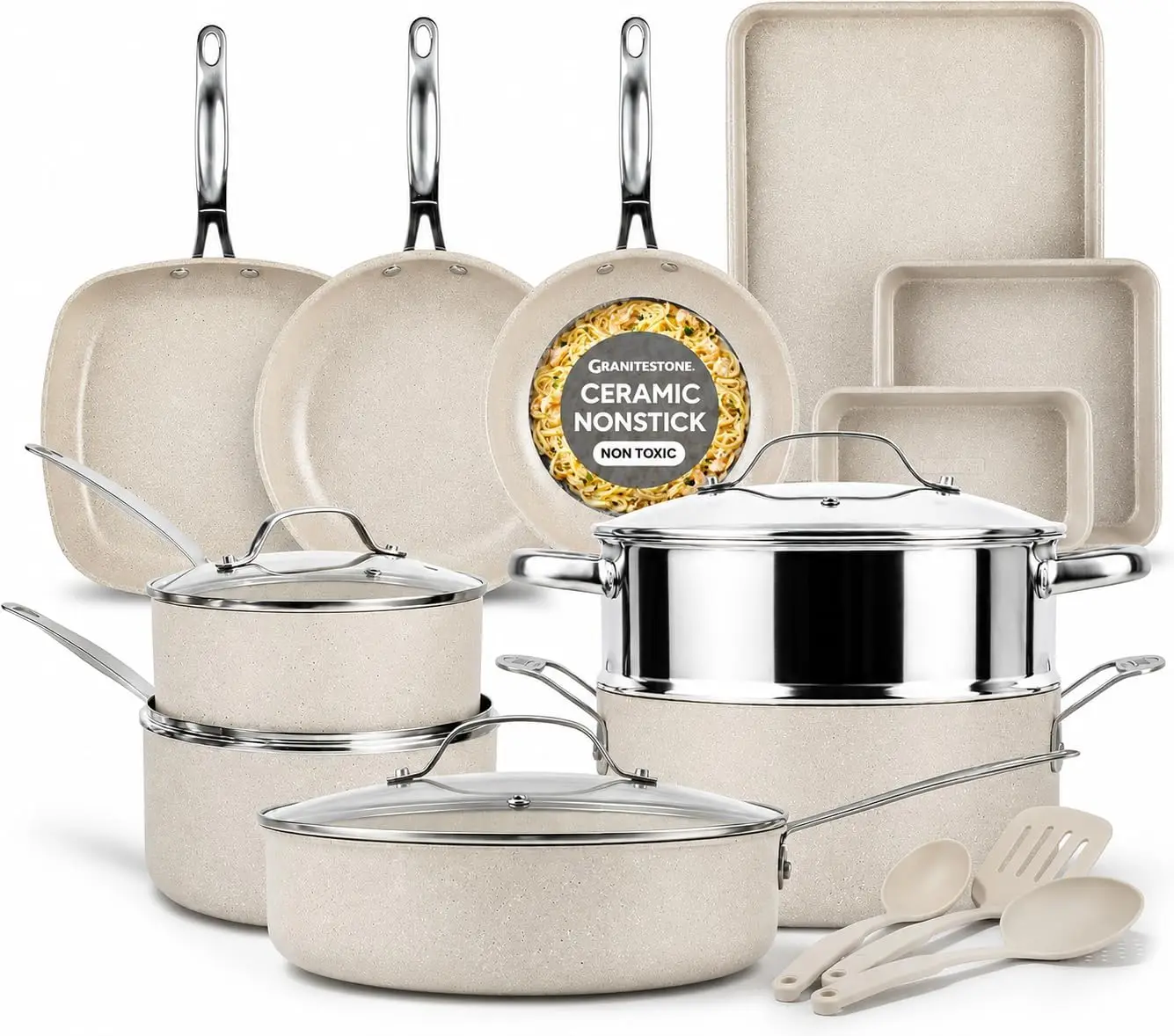 20 Pc Ceramic Cookware Set Nonstick, Complete Pots and Pans Set Non Toxic for Kitchen with Bakeware, Utensils & Steamer, Oven & Dishwasher Safe
20 Pc Ceramic Cookware Set Nonstick, Complete Pots and Pans Set Non Toxic for Kitchen with Bakeware, Utensils & Steamer, Oven & Dishwasher Safe