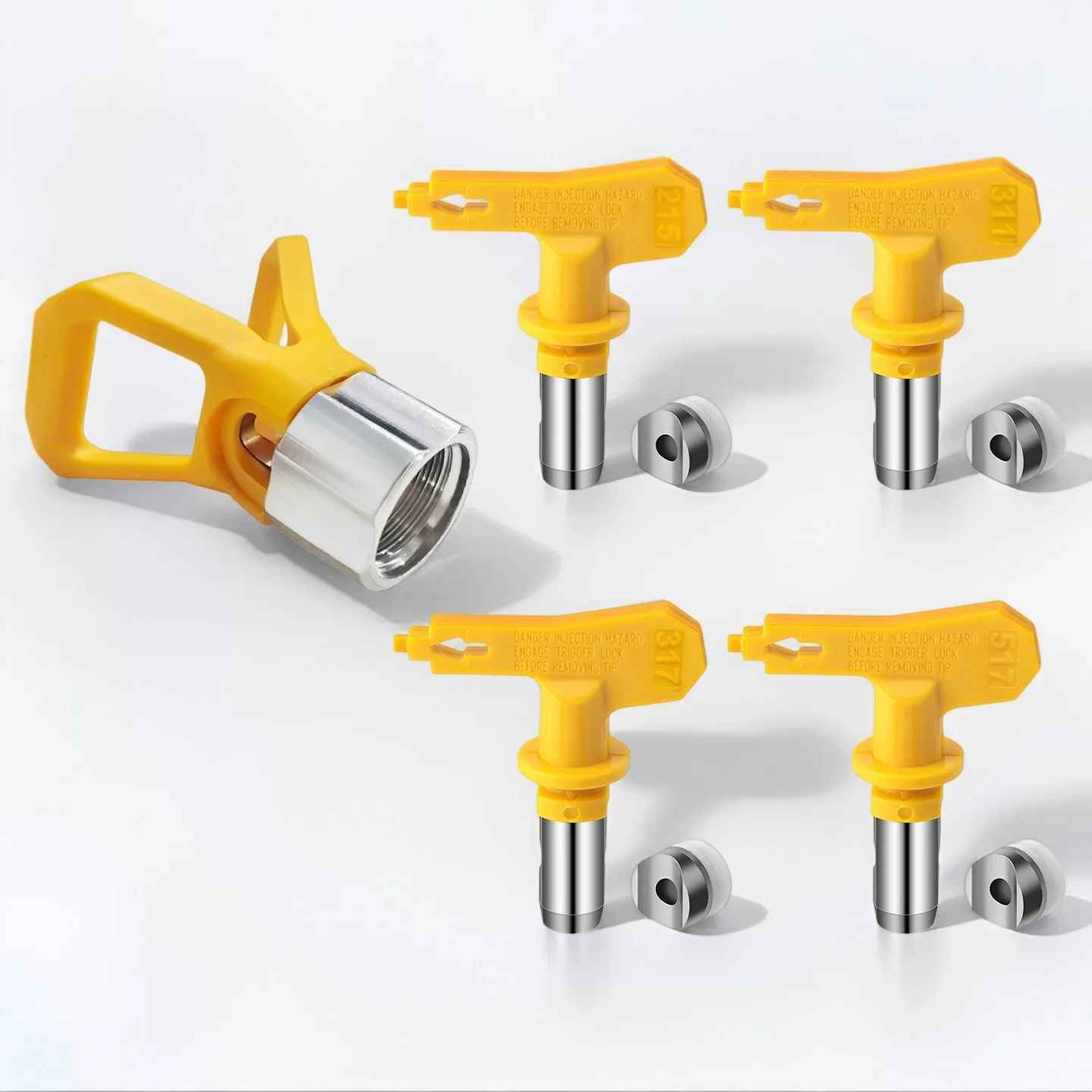 5Pcs Reversible Airless Paint Spray Tip Kit with 215/311/317/517 Nozzles & Guard
5Pcs Reversible Airless Paint Spray Tip Kit with 215/311/317/517 Nozzles & Guard