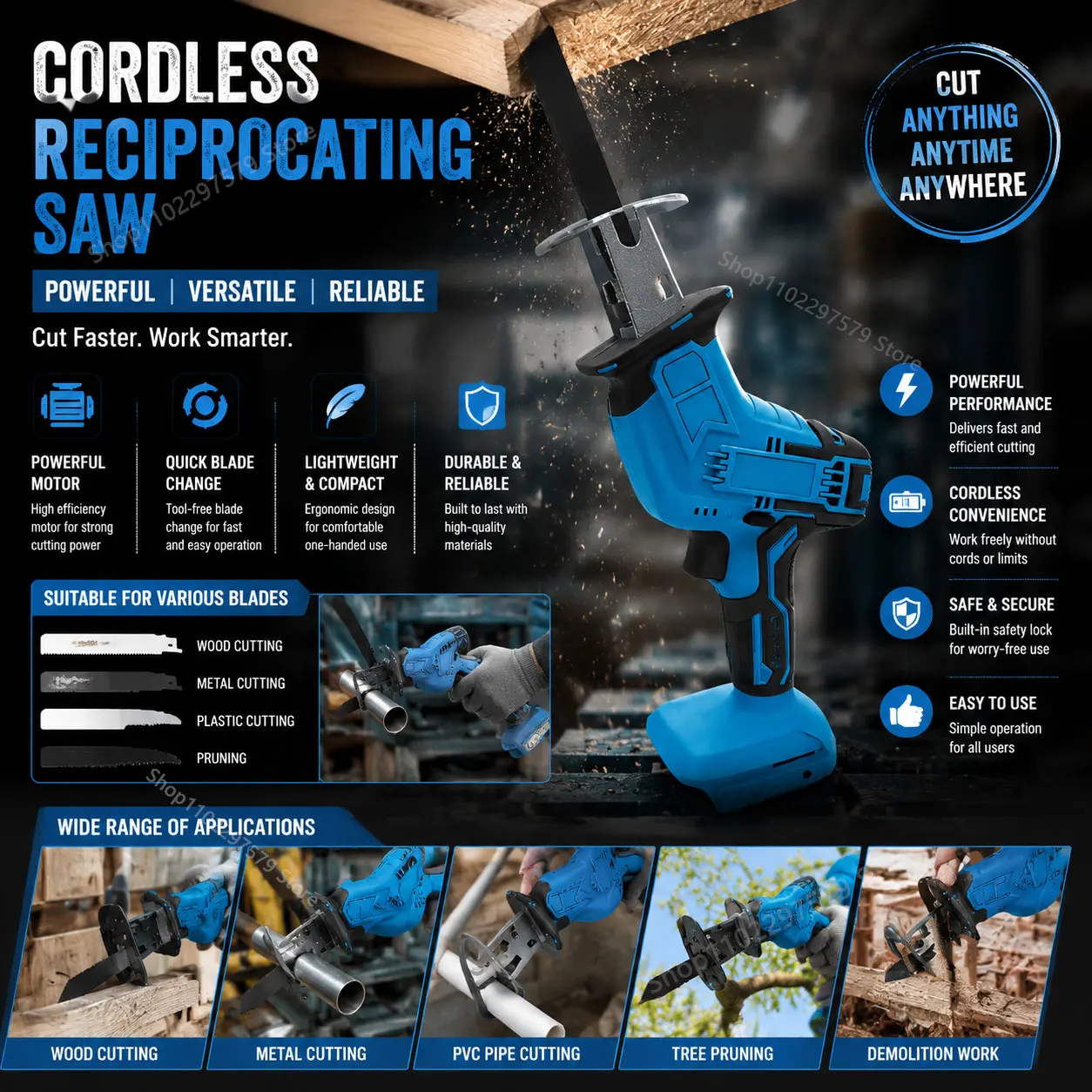 Cordless Electric Reciprocating Saw Handheld Outdoor Cutting Tool for Wood Metal Pipe Construction and DIY Projects (No Battery)
Cordless Electric Reciprocating Saw Handheld Outdoor Cutting Tool for Wood Metal Pipe Construction and DIY Projects (No Battery)