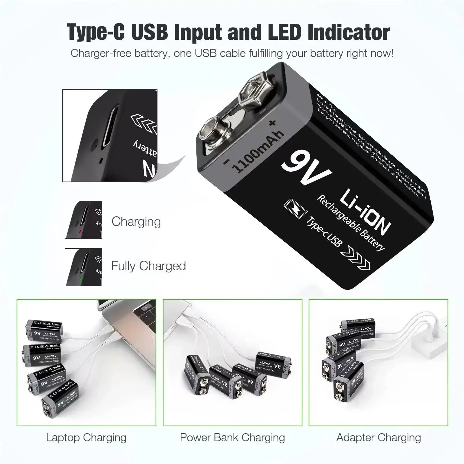 1100mAh USB Type-C Battery Rechargeable 9V Rechargeable 6F22 9V Li-ion Battery for RC Helicopeter Model Multimeter Toy
1100mAh USB Type-C Battery Rechargeable 9V Rechargeable 6F22 9V Li-ion Battery for RC Helicopeter Model Multimeter Toy