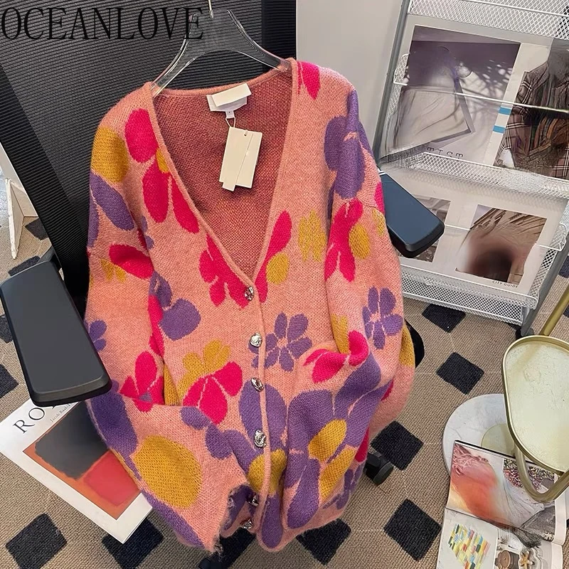 OCEANLOVE Colorful Floral Women Cardigans Autumn Winter V Neck Vintage Sweaters Kroean Fashion Sweet Elegant Sueter Mujer
OCEANLOVE Colorful Floral Women Cardigans Autumn Winter V Neck Vintage Sweaters Kroean Fashion Sweet Elegant Sueter Mujer