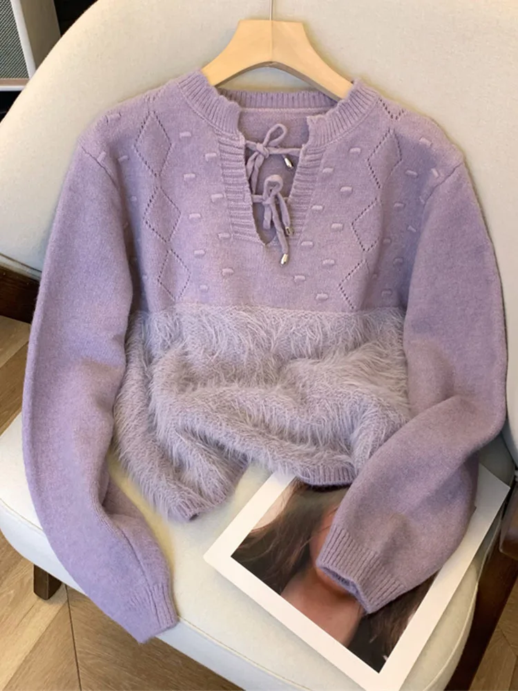 Fashion Simple Purple Pullovers V-Neck Long Sleeve Classical Lace Up Knitwear Sweater Patchwork Chic 2000s Aesthetic Streetwear
Fashion Simple Purple Pullovers V-Neck Long Sleeve Classical Lace Up Knitwear Sweater Patchwork Chic 2000s Aesthetic Streetwear