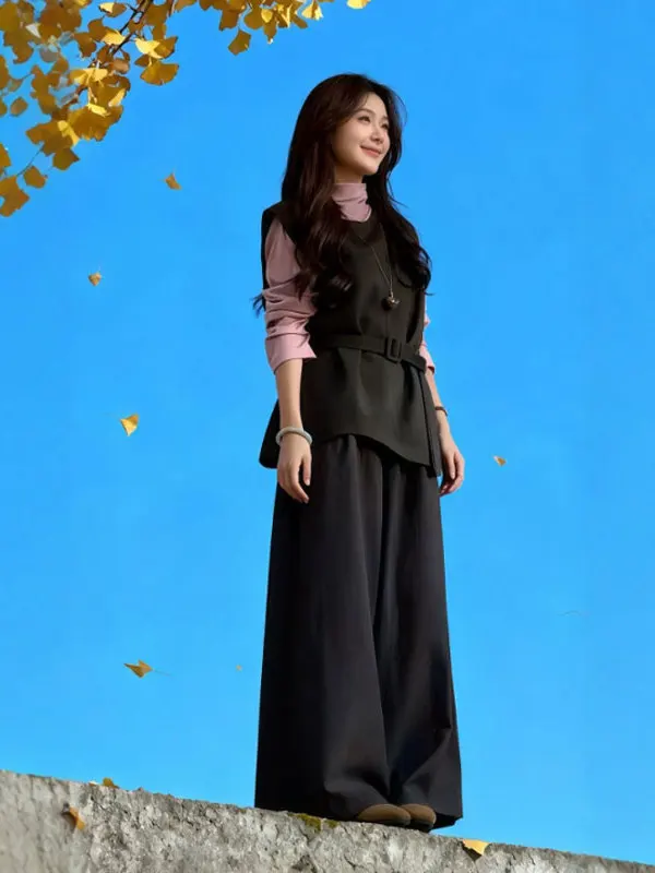 Korean Sle Soft Wind Vest Base irt Wide Leg Pants Tee Piece Set Ele Clete Outfit Spring 26 Comfortable Long Sve
Korean Sle Soft Wind Vest Base irt Wide Leg Pants Tee Piece Set Ele Clete Outfit Spring 26 Comfortable Long Sve