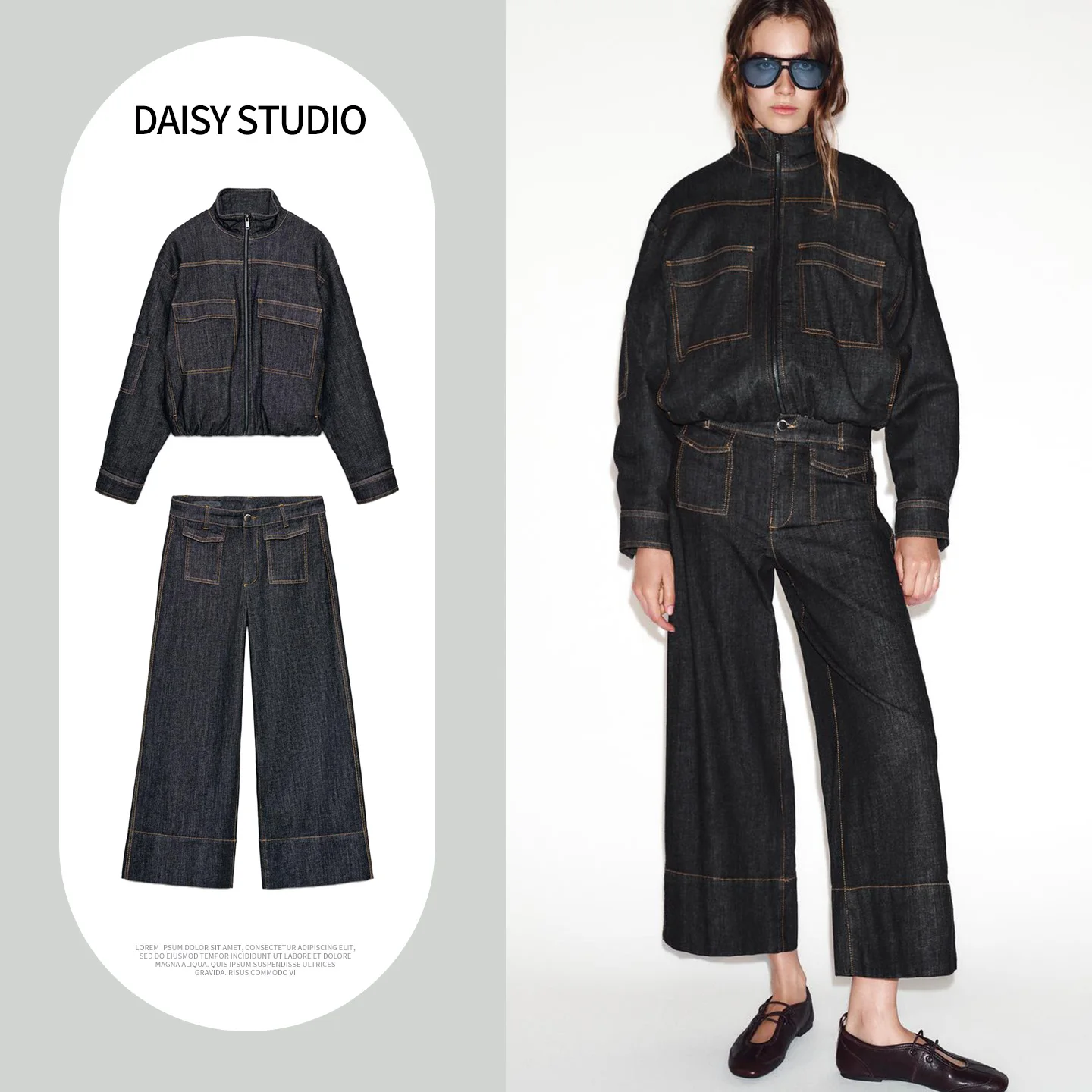 Long Sve Pilot Jaet Coat High Waist Wide Leg Jeans Two Piece Set Spring Faion Women's Pure Color Stand Collar Outfit
Long Sve Pilot Jaet Coat High Waist Wide Leg Jeans Two Piece Set Spring Faion Women's Pure Color Stand Collar Outfit