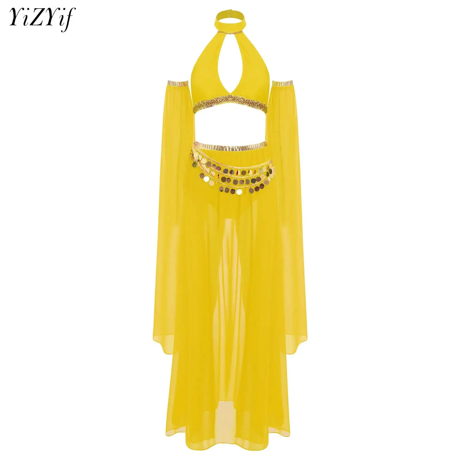 Womens Belly Dance Set Hollow Out Crop Tops with Shorts Chiffon Skirt Sleeves Arabic Halloween Dance Outfit India Ethnic Costume
Womens Belly Dance Set Hollow Out Crop Tops with Shorts Chiffon Skirt Sleeves Arabic Halloween Dance Outfit India Ethnic Costume