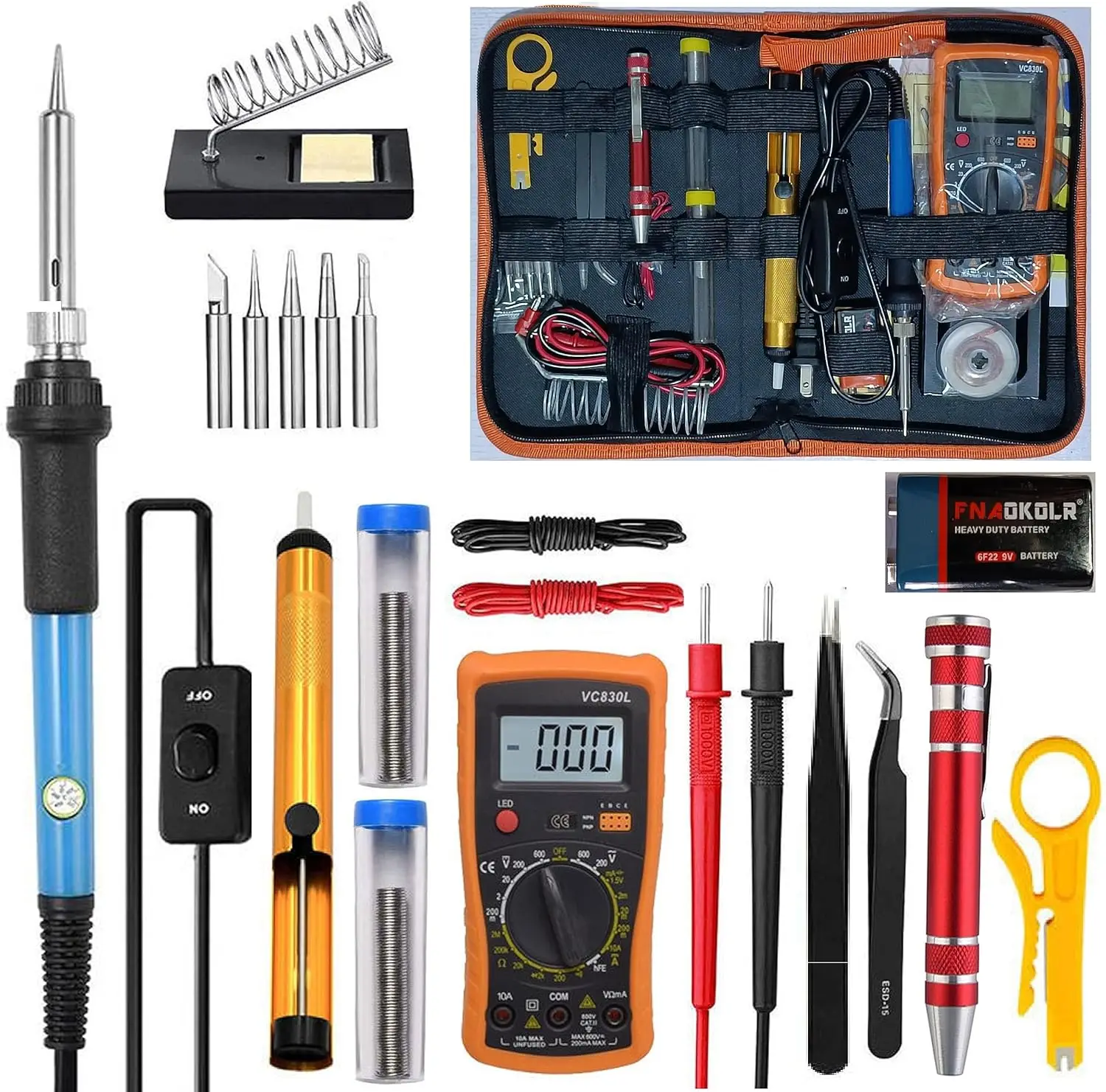 Soldering Iron Kit with Digital Multimeter, Adjustable Temperature 60W, AC/DC Voltage Tester, Current Resistance Diode
Soldering Iron Kit with Digital Multimeter, Adjustable Temperature 60W, AC/DC Voltage Tester, Current Resistance Diode