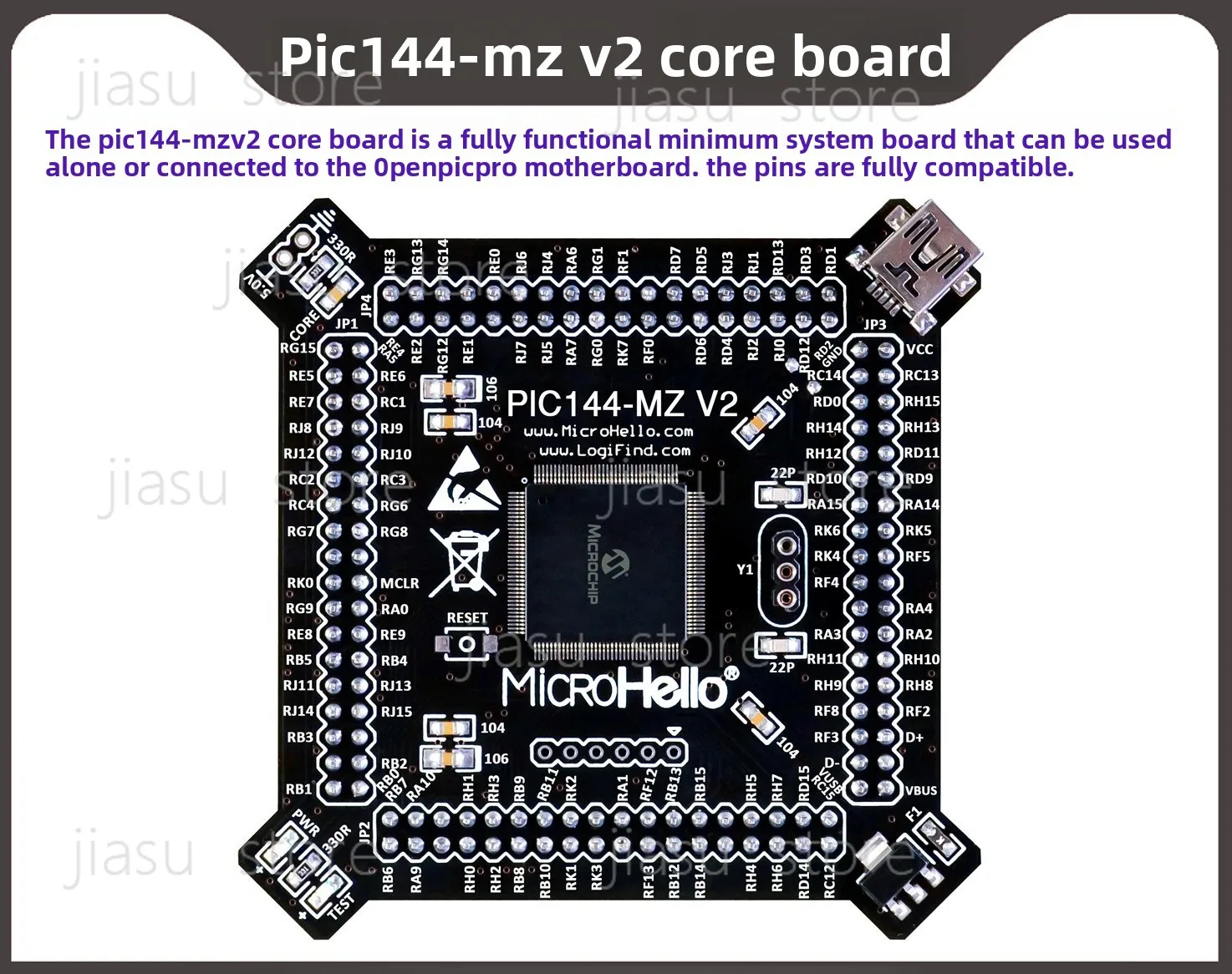 PIC144-MZ V2 core board with PIC32MZ1024EFG144 microcontroller suitable for OpenPIC Pro board
PIC144-MZ V2 core board with PIC32MZ1024EFG144 microcontroller suitable for OpenPIC Pro board