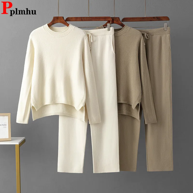 Women Casual Knitwears 2 Piece Sets Korean O-neck Knitted Sweater Pullover Tops Conjuntos High Waist Straight Pants Outfit New
Women Casual Knitwears 2 Piece Sets Korean O-neck Knitted Sweater Pullover Tops Conjuntos High Waist Straight Pants Outfit New