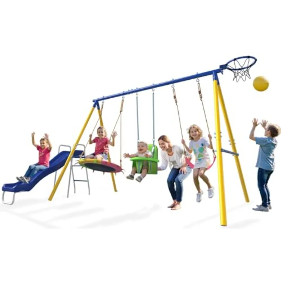 Backyard metal swing set: 5-in-1 combo with saucer swings, baby safety swing, slide, basketball hoopdurable steel, green finish
Backyard metal swing set: 5-in-1 combo with saucer swings, baby safety swing, slide, basketball hoopdurable steel, green finish