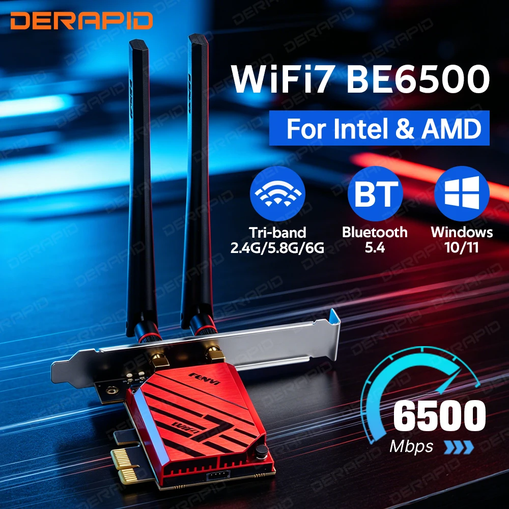 Сетевая карта WiFi 7 MT7925 PCIe, беспроводной адаптер Bluetooth 5.4, 5400 Мбит/с, трехдиапазонный (2.4G, 5G, 6ГГц), с антенной WiFi7, для Win10/Win11
Сетевая карта WiFi 7 MT7925 PCIe, беспроводной адаптер Bluetooth 5.4, 5400 Мбит/с, трехдиапазонный (2.4G, 5G, 6ГГц), с антенной WiFi7, для Win10/Win11