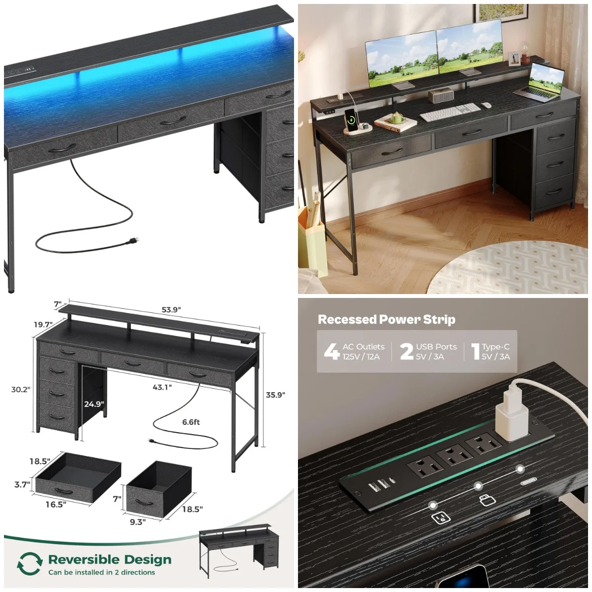 Gaming Desk 55' with 6 Drawers, LED Lights, USB-C, Power Outlets, Monitor Stand, Black
Gaming Desk 55' with 6 Drawers, LED Lights, USB-C, Power Outlets, Monitor Stand, Black