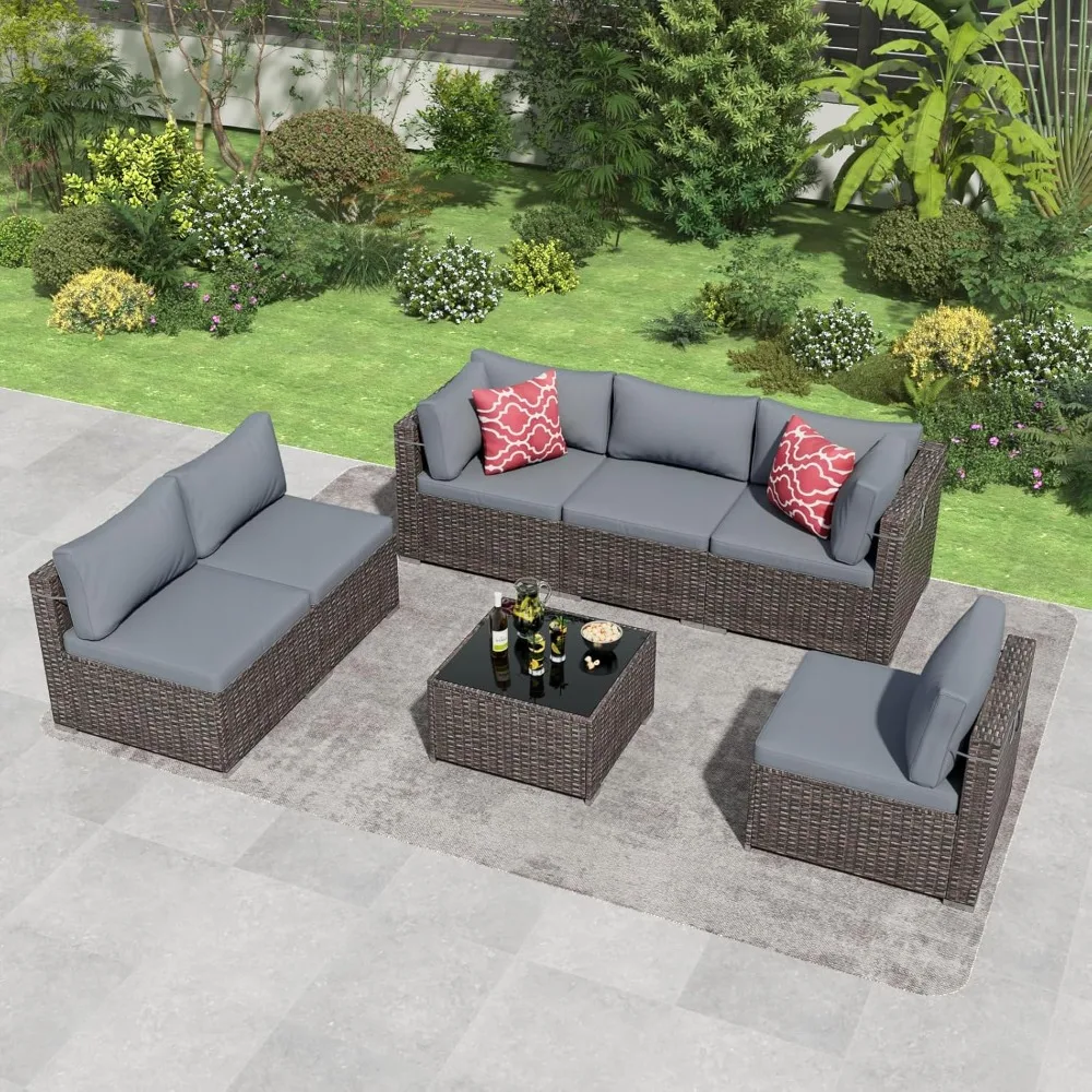 7 Piece Patio Furniture Set, Outdoor Wicker Patio Sofa Set, PE Rattan Sectional Couch with Glass Table and Grey Cushions
7 Piece Patio Furniture Set, Outdoor Wicker Patio Sofa Set, PE Rattan Sectional Couch with Glass Table and Grey Cushions