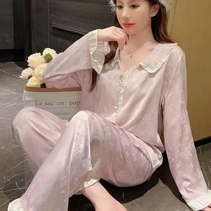 Famale Sleep Clothes New Ice Silk Pajamas Suit Women's High-end Spring Autumn Thin Long-sleeved Loungewear Two-Piece Set
Famale Sleep Clothes New Ice Silk Pajamas Suit Women's High-end Spring Autumn Thin Long-sleeved Loungewear Two-Piece Set