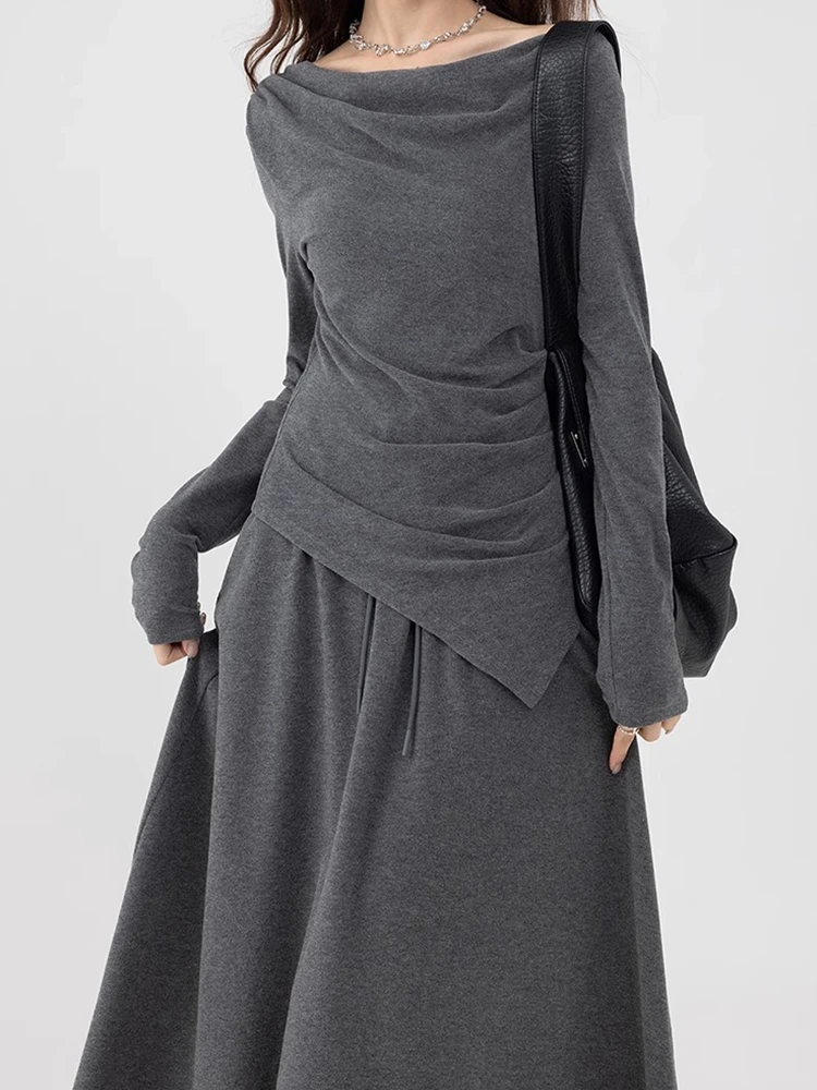 Серое платье с длинными рукавами, женское осеннее новое поступление, модный одинаковый костюм, стильный костюм раннего сезона, цельный комплект E12042 
Серое платье с длинными рукавами, женское осеннее новое поступление, модный одинаковый костюм, стильный костюм раннего сезона, цельный комплект E12042