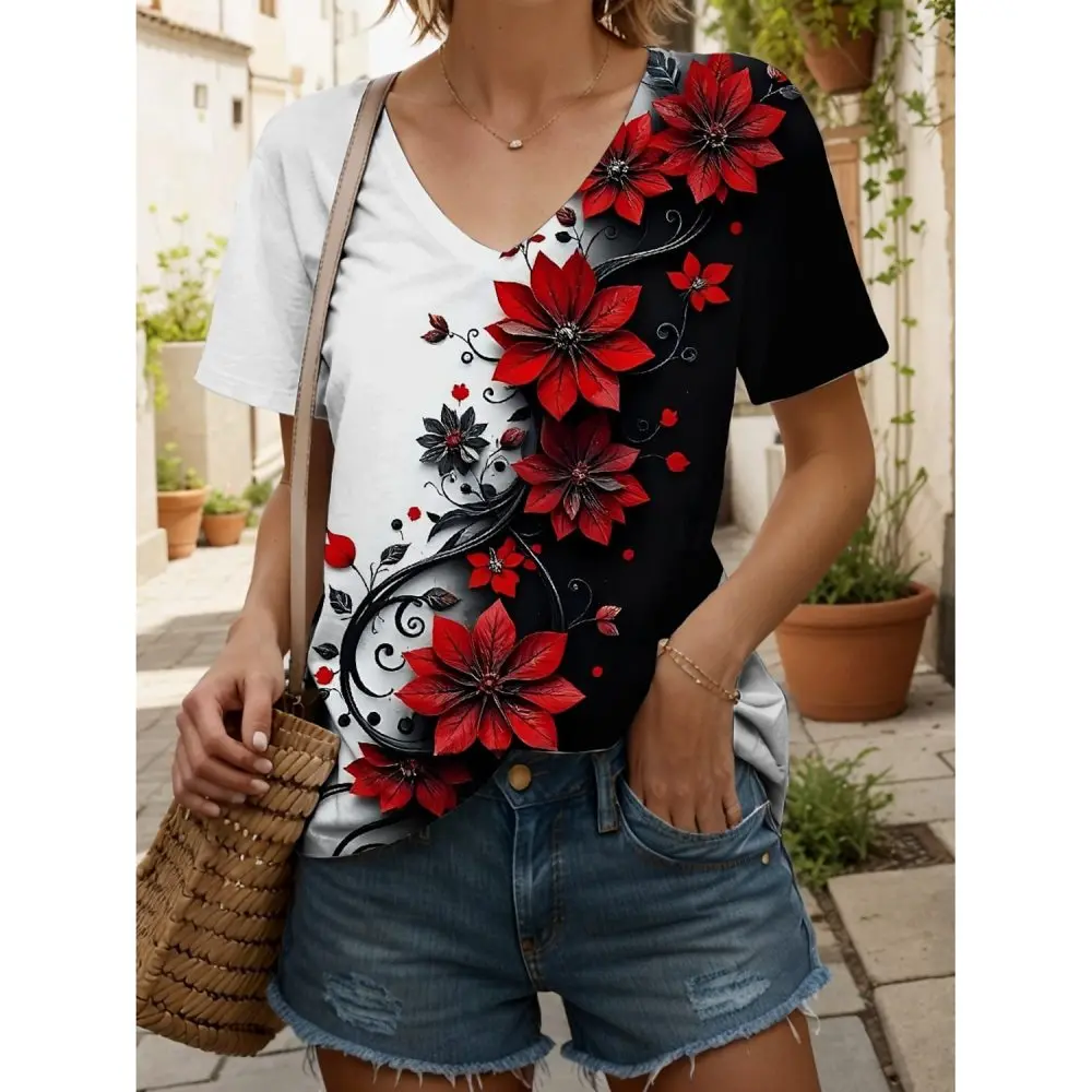 Women's T Shirt Floral Graphic Vintage Stylish Short Sleeve V Neck Streetwear Tops Oversized Clothing Print Red Summer T-Shirt
Women's T Shirt Floral Graphic Vintage Stylish Short Sleeve V Neck Streetwear Tops Oversized Clothing Print Red Summer T-Shirt