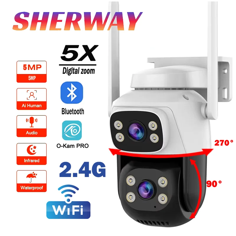5MP WiFi PTZ Security Camera Dual Lens 5X Zoom PTZ Cam Dual Light Modes AI Auto Tracking Outdoor Smart Color Night Vision Camera
5MP WiFi PTZ Security Camera Dual Lens 5X Zoom PTZ Cam Dual Light Modes AI Auto Tracking Outdoor Smart Color Night Vision Camera