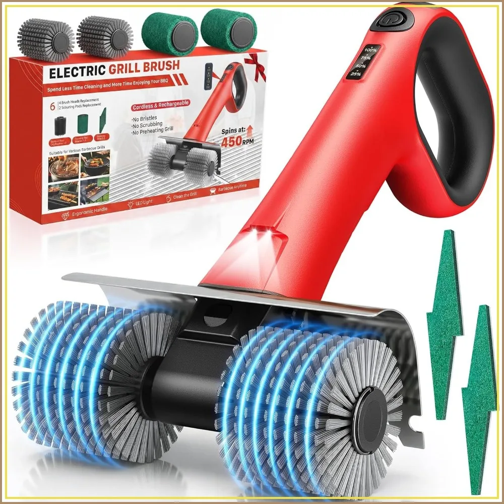 Electric Grill Brush for Outdoor Grill, Cordless BBQ Cleaner with Dual Rotating Heads, 450 RPM Motorized Brush, 6-Piece Replaceable Set
Electric Grill Brush for Outdoor Grill, Cordless BBQ Cleaner with Dual Rotating Heads, 450 RPM Motorized Brush, 6-Piece Replaceable Set