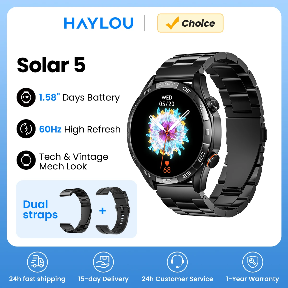 HAYLOU Solar 5 Voice Calling Smartwatch 1.58'' AMOLED Display 60Hz Smart Watch 24H Health Monitoring Sports Smartwatch for Men
HAYLOU Solar 5 Voice Calling Smartwatch 1.58'' AMOLED Display 60Hz Smart Watch 24H Health Monitoring Sports Smartwatch for Men