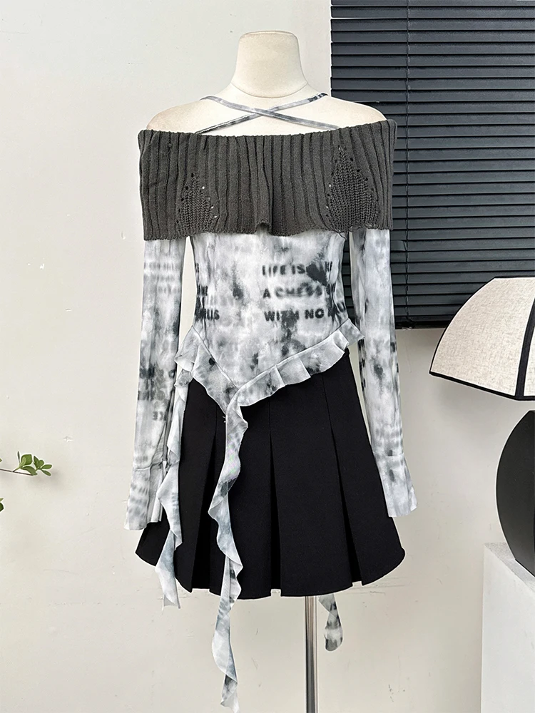 French Vintage Irregularity Tie Dye Sexy Off-the-shoulder Spliced Tops Women Spring Autumn Flare Sleeve Hollow Out Slim T-skirts
French Vintage Irregularity Tie Dye Sexy Off-the-shoulder Spliced Tops Women Spring Autumn Flare Sleeve Hollow Out Slim T-skirts