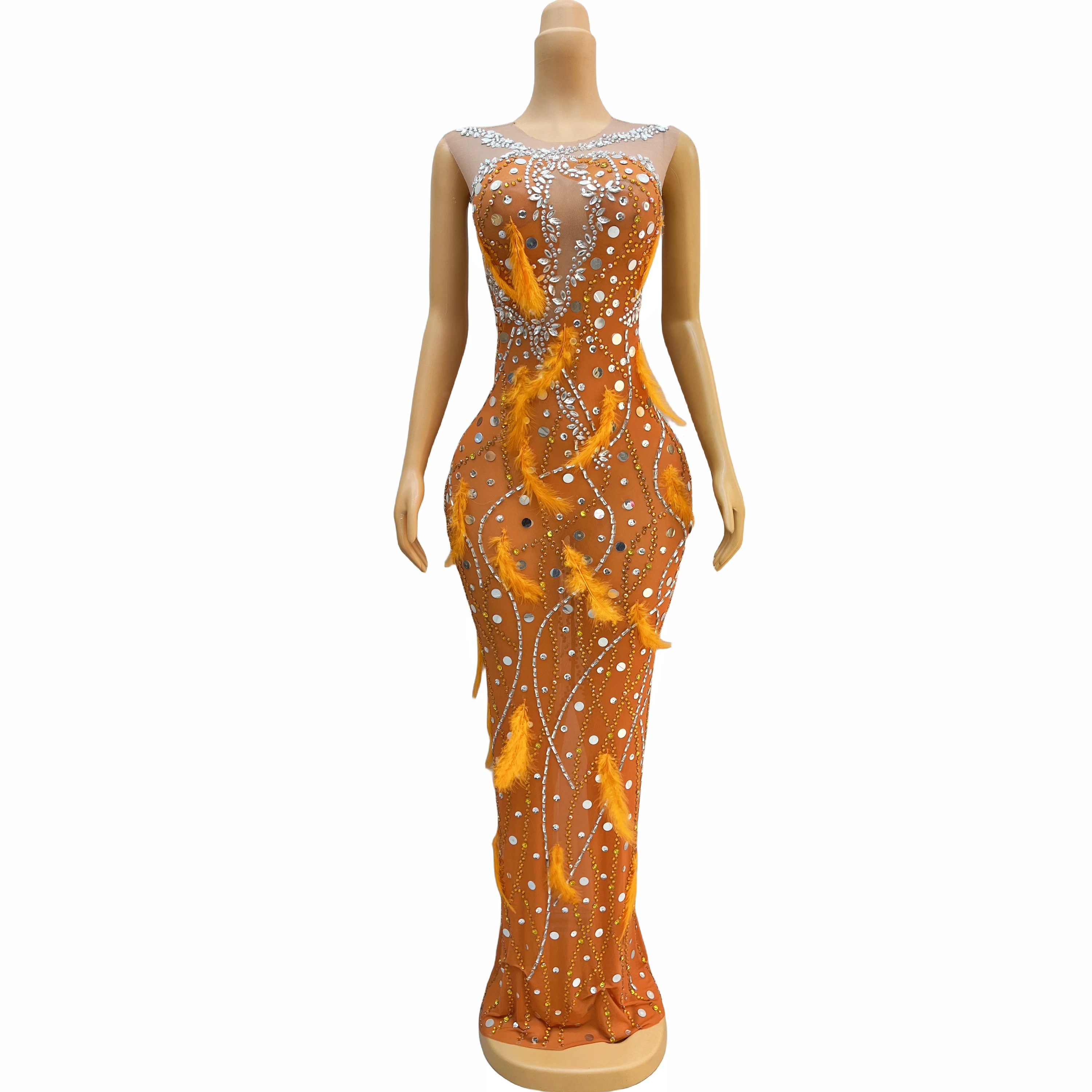 Flashing Silver Rhinestones Orange Feather Dress Evening Birthday Celebrate Costume Sleeveless Sexy Outfit chengcheng
Flashing Silver Rhinestones Orange Feather Dress Evening Birthday Celebrate Costume Sleeveless Sexy Outfit chengcheng