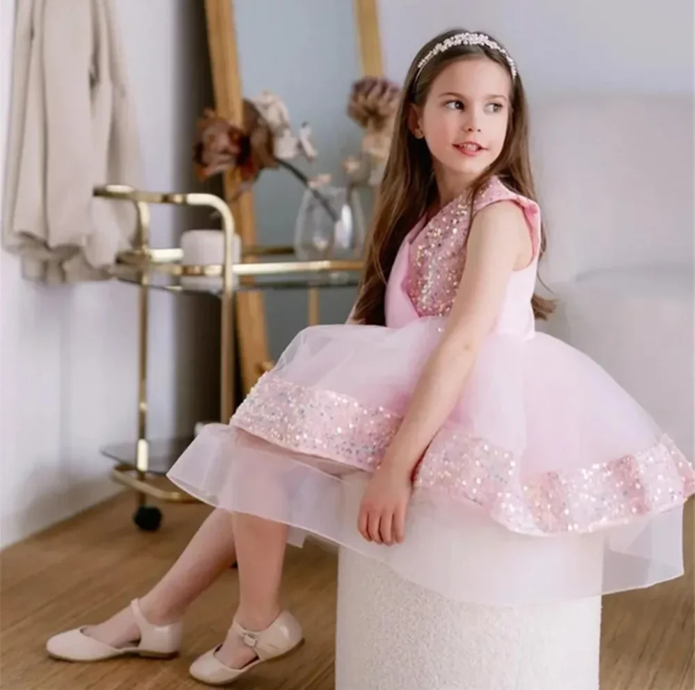 Роскошное блестящее вечернее платье принцессы для первого причастия с блестками, плиссированное длинное бальное платье длиной до колена, официальное свадебное платье с цветочным узором для девочек