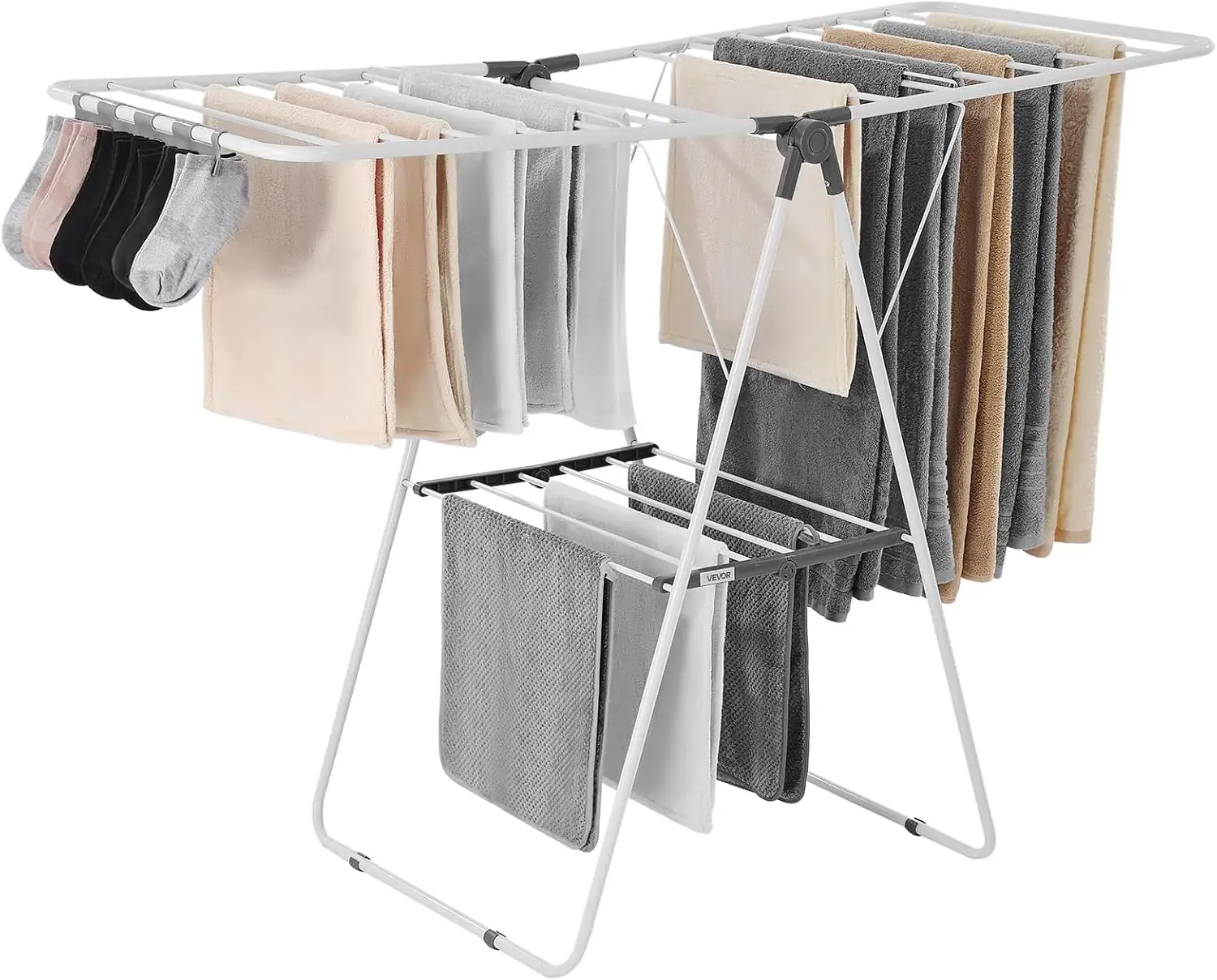 2-Tier Foldable Laundry Dryer Rack with Sock Clips, 21 Drying Rods, Adjustable Height for Indoor & Outdoor Use, White