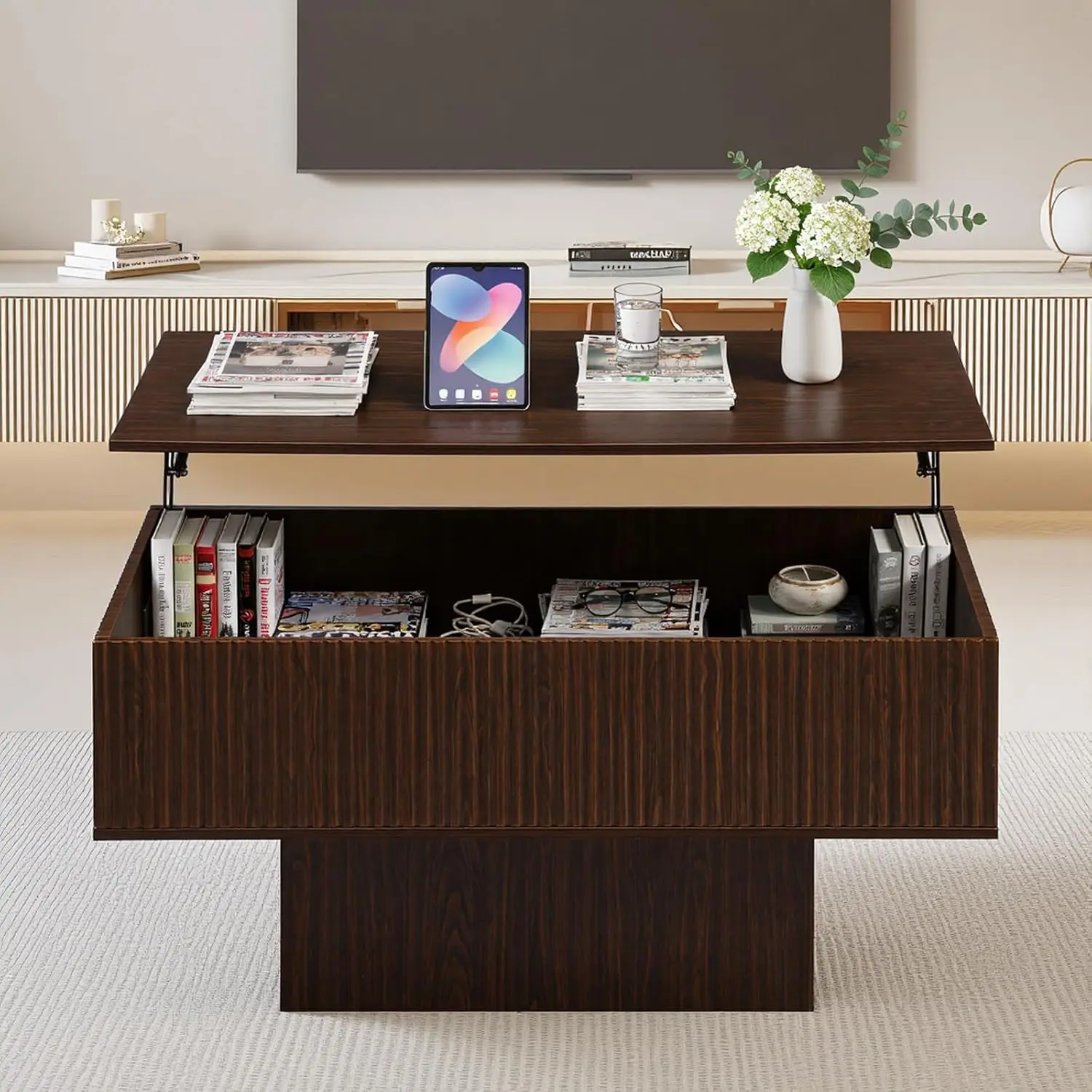 Современный журнальный столик с откидной столешницей, рифленым дизайном, несколькими портами для зарядки (2AC, USB, Type-C), 16-цветной LED-подсветкой и возможностью индивидуальной настройки
Современный журнальный столик с откидной столешницей, рифленым дизайном, несколькими портами для зарядки (2AC, USB, Type-C), 16-цветной LED-подсветкой и возможностью индивидуальной настройки