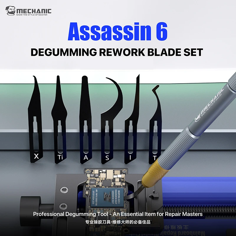 MECHANIC ASSASSIN 6 Degumming Rework Blade Set for Phone Motherboard IC CPU Hard Disk Pry and Black Glue Removal Repair
MECHANIC ASSASSIN 6 Degumming Rework Blade Set for Phone Motherboard IC CPU Hard Disk Pry and Black Glue Removal Repair