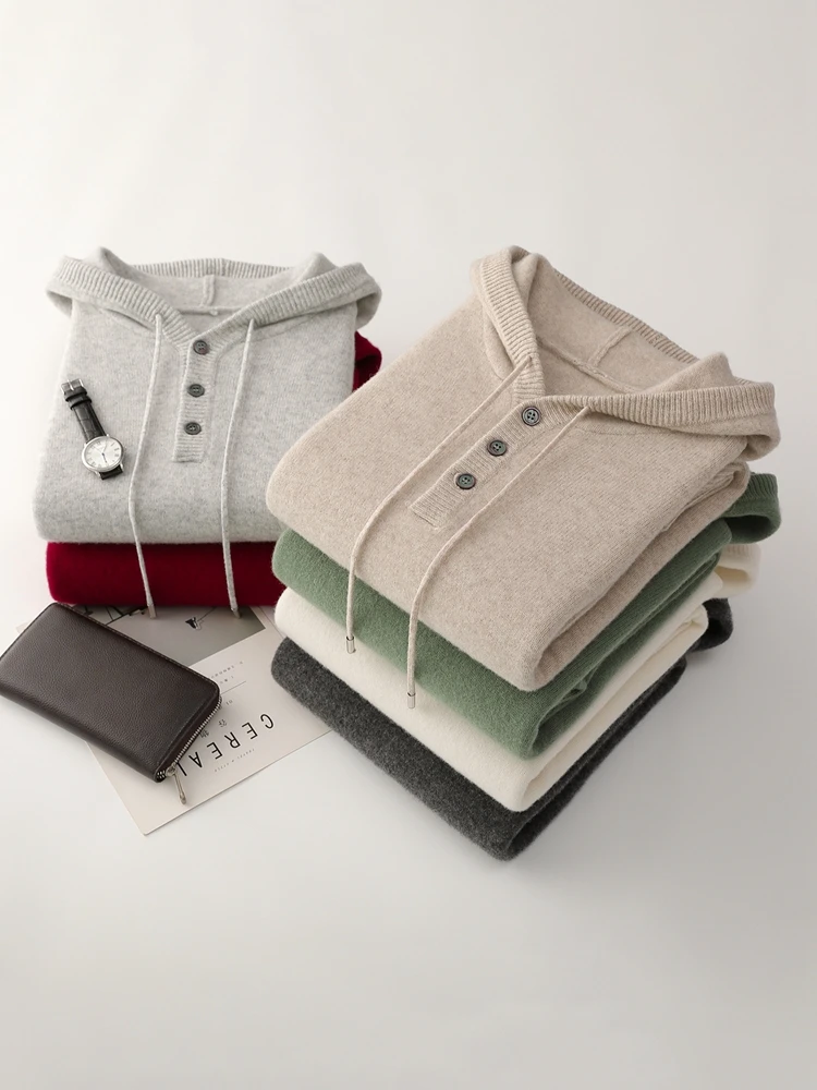 2025 Chic Men's Button Down Hooded Pullover Autumn Winter Solid Color Casual Sweater 100% Merino Wool Knitwear Sports Sweatshirt
2025 Chic Men's Button Down Hooded Pullover Autumn Winter Solid Color Casual Sweater 100% Merino Wool Knitwear Sports Sweatshirt