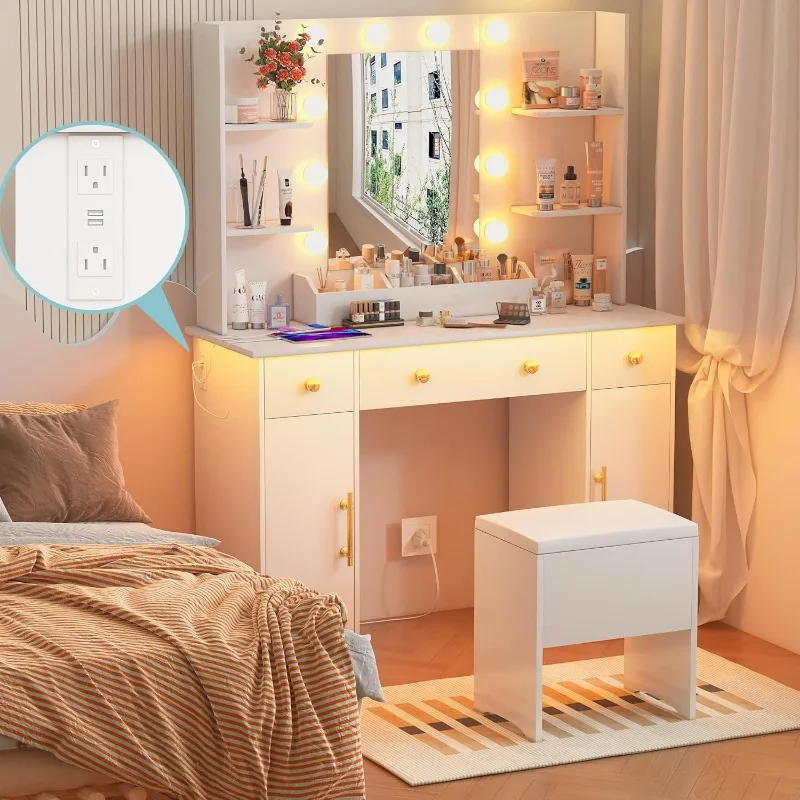 Desk with Mirror and Lights, Makeup with Charging Station & Stool, 3 Drawers and Cabinets Mirror
Desk with Mirror and Lights, Makeup with Charging Station & Stool, 3 Drawers and Cabinets Mirror