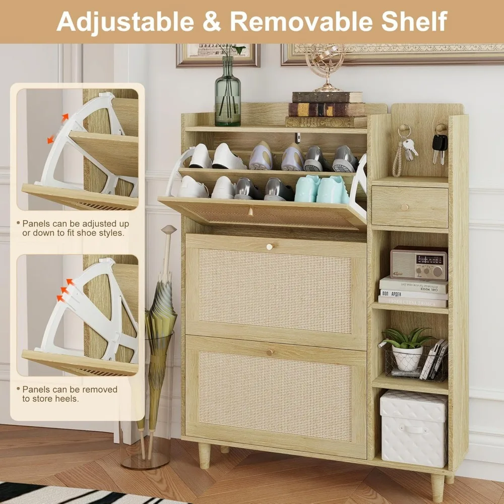 Boho Rattan Shoe Cabinet – 3 Flip Drawers & Shelves | Narrow Hidden Storage Organizer 
Boho Rattan Shoe Cabinet – 3 Flip Drawers & Shelves | Narrow Hidden Storage Organizer