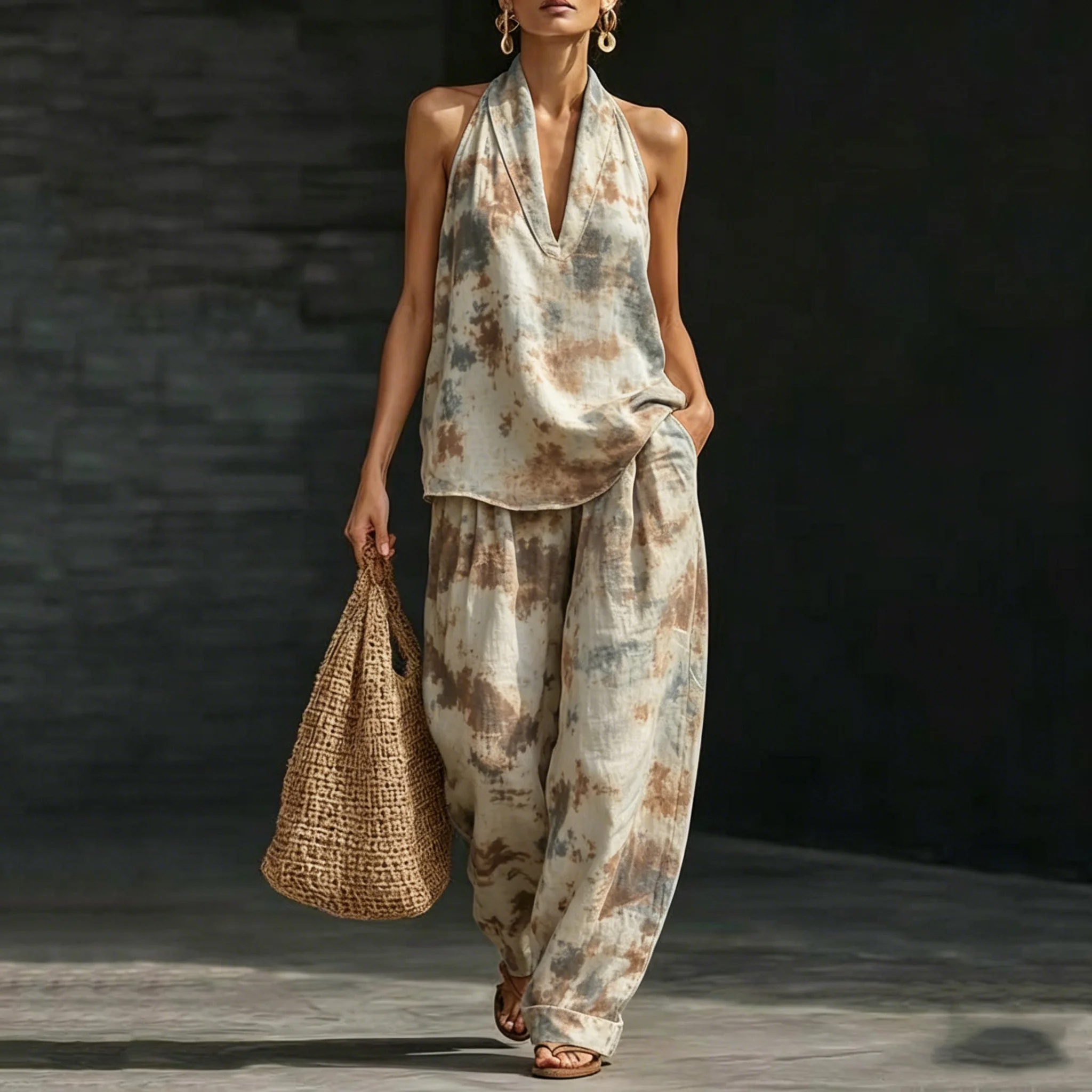 Tie Dye Print Women Two Piece Sets Outfits Summer Halter Neck Sleeveless V-Neck Top & Casual Loose Wide Leg Pants Set Outfit
Tie Dye Print Women Two Piece Sets Outfits Summer Halter Neck Sleeveless V-Neck Top & Casual Loose Wide Leg Pants Set Outfit