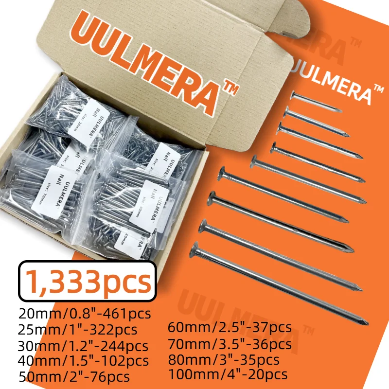 UULMERA 1333-Piece Carbon Steel Flat-Head Nail Set, 9 Sizes: 20mm-100mm, Ideal for Decorating, Installation, and Hanging Picture
UULMERA 1333-Piece Carbon Steel Flat-Head Nail Set, 9 Sizes: 20mm-100mm, Ideal for Decorating, Installation, and Hanging Picture