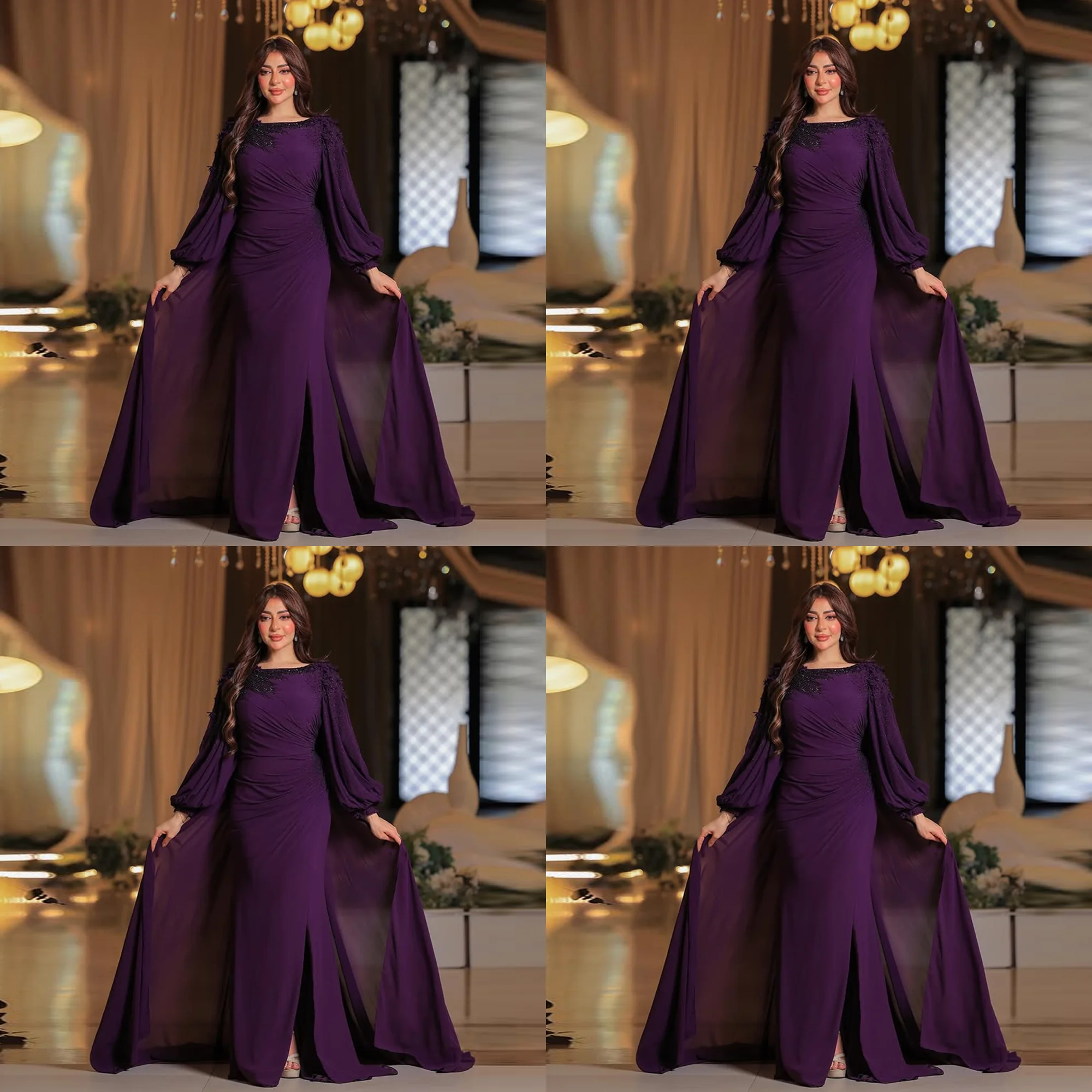 O-neck Chiffon Flowing Sheath Evening Dress Beading Side Slit Long Puff Sleeve Bridal Gown with Court Customized vestido festa
O-neck Chiffon Flowing Sheath Evening Dress Beading Side Slit Long Puff Sleeve Bridal Gown with Court Customized vestido festa