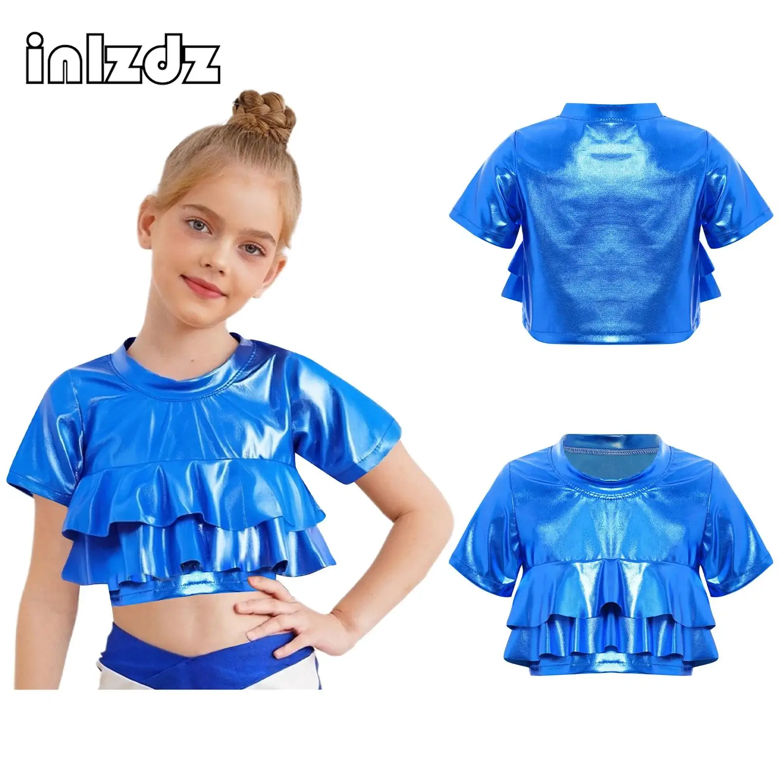 Kids Cheerleading Uniform Child Girls Metallic Ruffled Crop Top Short Sleeves T-shirt for Jazz Hip-hop Dance Performance Party
Kids Cheerleading Uniform Child Girls Metallic Ruffled Crop Top Short Sleeves T-shirt for Jazz Hip-hop Dance Performance Party