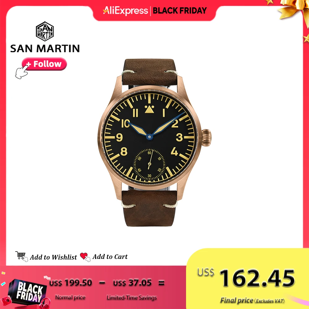 San Martin 41мм Пилотские Часы Простые Винтажные Военные Бронзовый Корпус Механика Ручной Завод Светящийся Ремешок Крейзи Хорс 10Бар SN0117
San Martin 41мм Пилотские Часы Простые Винтажные Военные Бронзовый Корпус Механика Ручной Завод Светящийся Ремешок Крейзи Хорс 10Бар SN0117