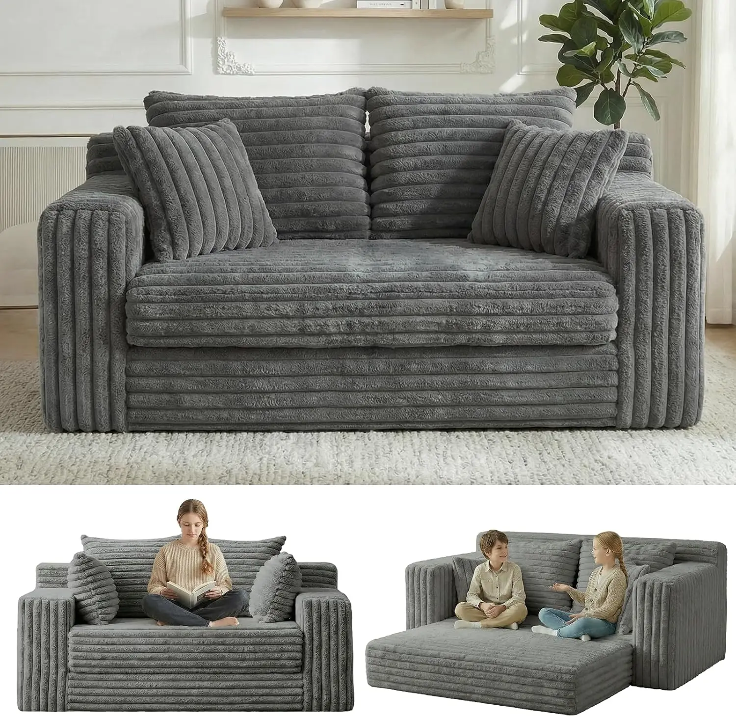 Grey 3in1 Convertible Sofa Bed Boneless Loveseat Sleeper Folding Couch with Four Pillows Detachable Cushion No Assembly
Grey 3in1 Convertible Sofa Bed Boneless Loveseat Sleeper Folding Couch with Four Pillows Detachable Cushion No Assembly