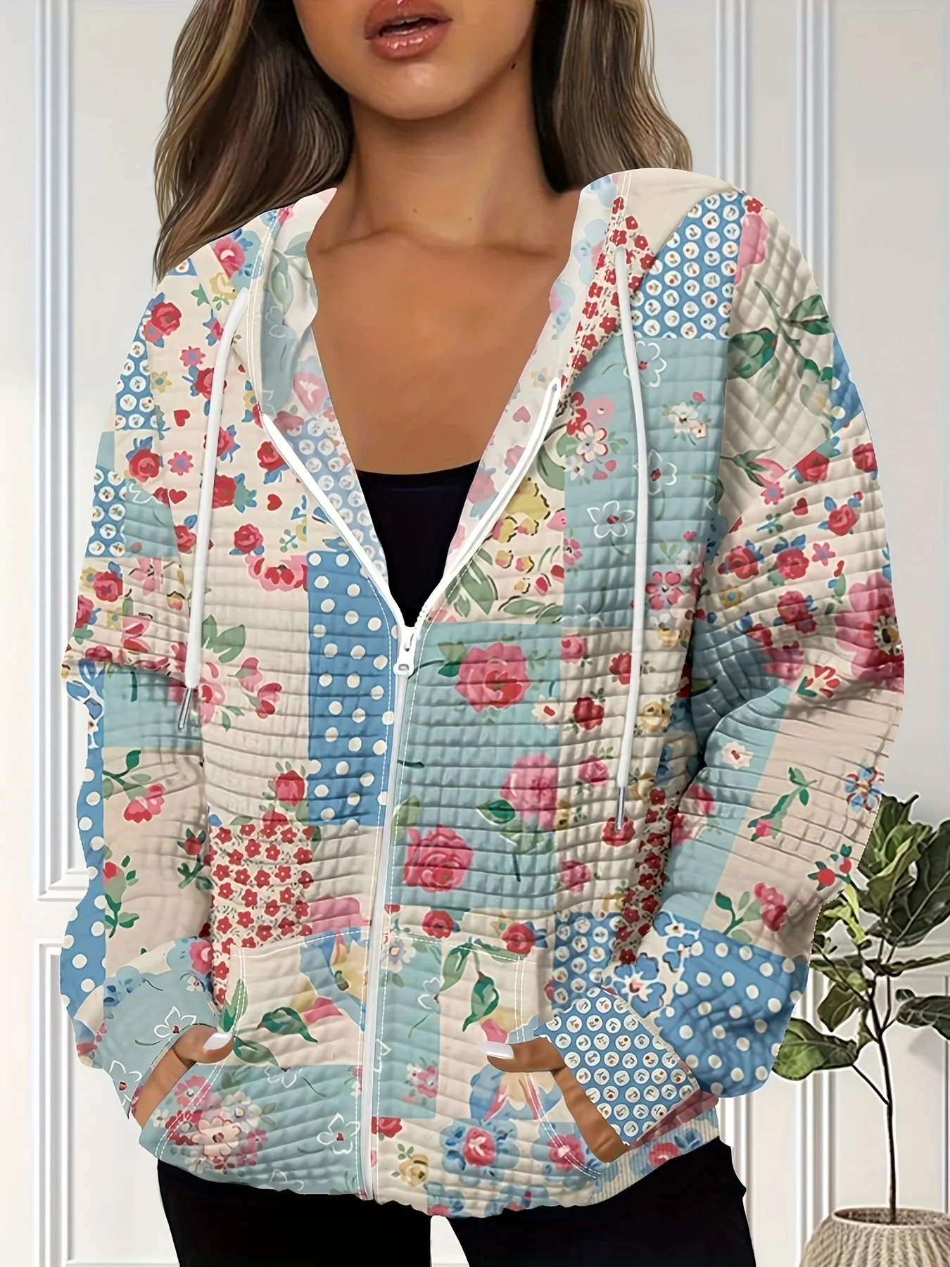 Printed Design Casual style floral patchwork blue, white, pink patterned hooded jacket
Printed Design Casual style floral patchwork blue, white, pink patterned hooded jacket
