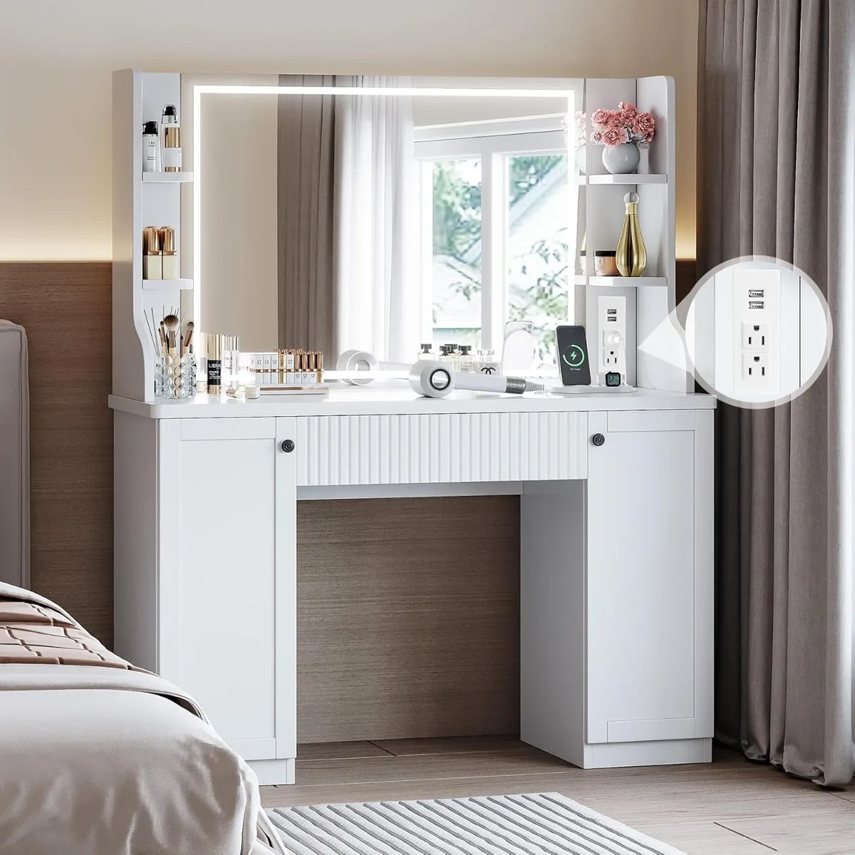 Makeup Vanity Desk with Mirror and Lights LED Makeup Table with Drawer, Cabinets, Power Strip, for Bedroom Dressing Table -White
Makeup Vanity Desk with Mirror and Lights LED Makeup Table with Drawer, Cabinets, Power Strip, for Bedroom Dressing Table -White