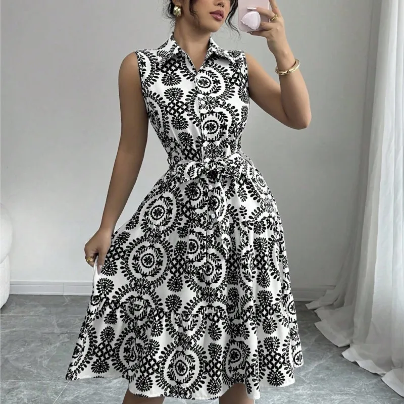 Women's New Fashionable Off-shoulder Slim Waistband Straps Natural Printed Sleeveless Lapel Dress Urban Casual Knee Midi Skirt
Women's New Fashionable Off-shoulder Slim Waistband Straps Natural Printed Sleeveless Lapel Dress Urban Casual Knee Midi Skirt