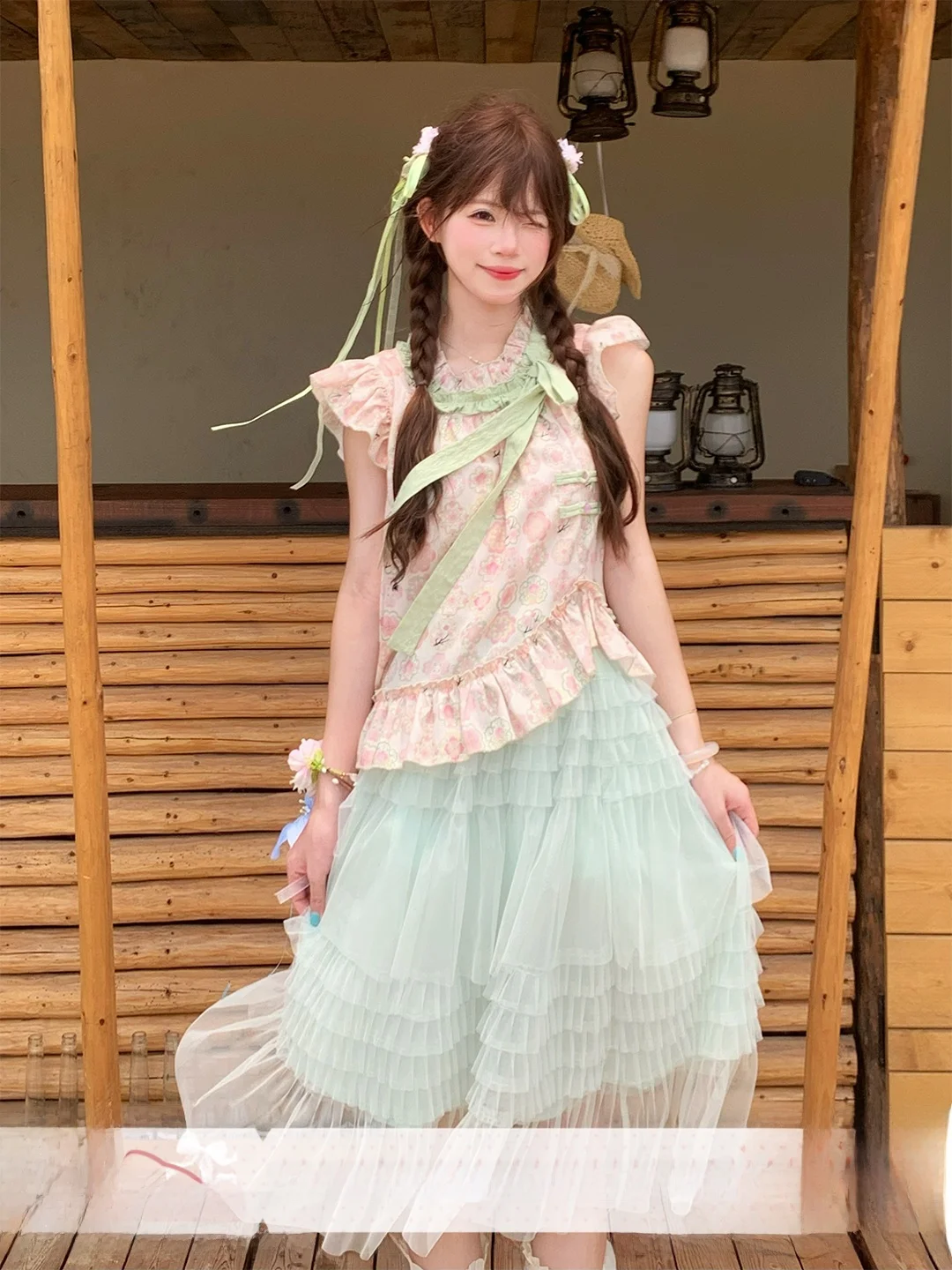 Pink Cherry Blossom Print Top with Fairy Wings Short Sleeve Mint Green Chiffon Skirt Chinese Style Summer Fashion Women Set
Pink Cherry Blossom Print Top with Fairy Wings Short Sleeve Mint Green Chiffon Skirt Chinese Style Summer Fashion Women Set