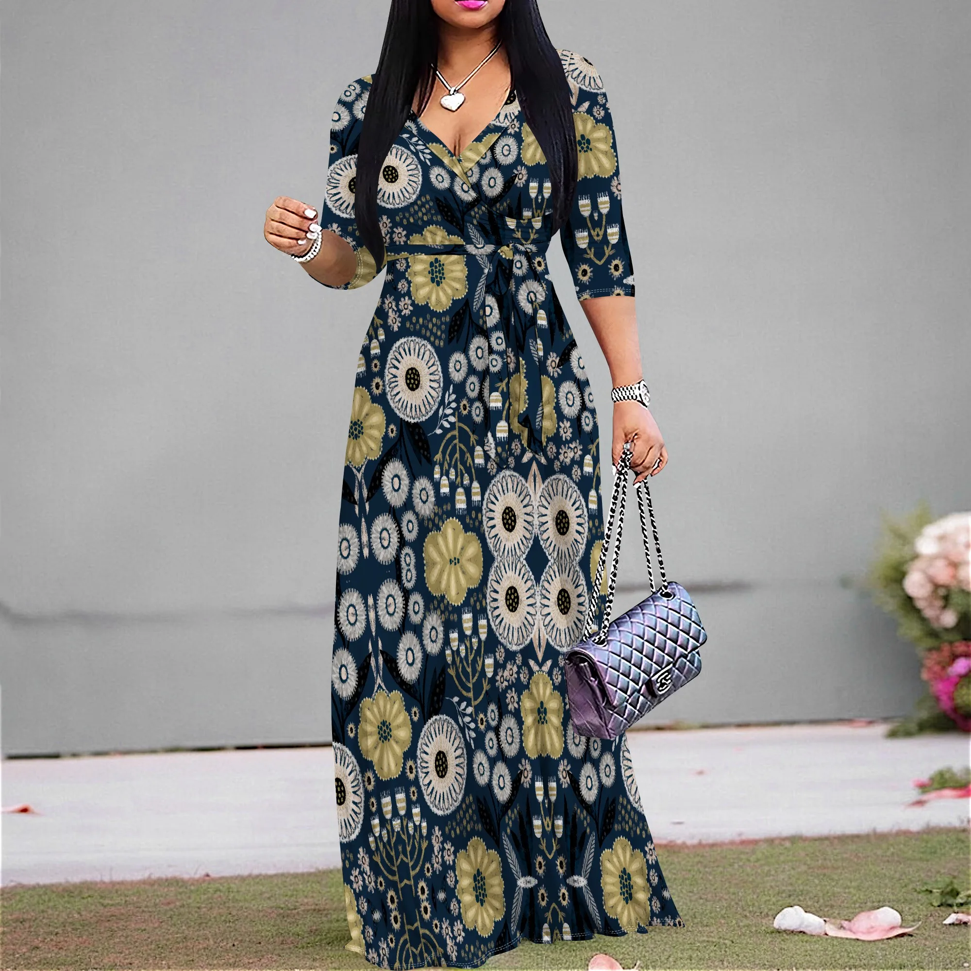 African Style Long Dress S-3XL Wrap V-Neck Yellow & Navy Pattern for Heritage Brunch or Family Event
African Style Long Dress S-3XL Wrap V-Neck Yellow & Navy Pattern for Heritage Brunch or Family Event