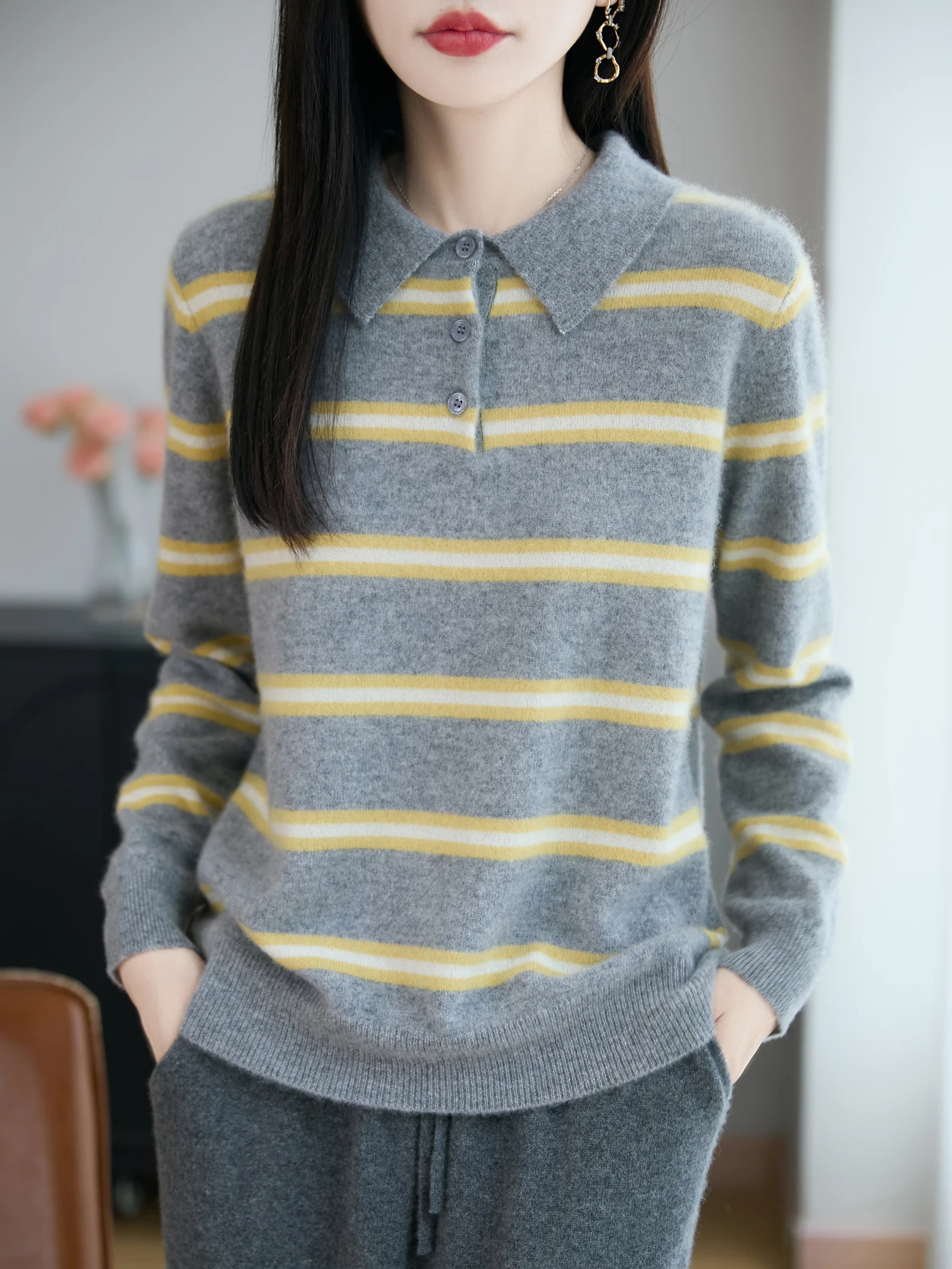 TLOML Women 100% Merino Wool Knit Turn Down Collar Striped Half Button Pullover Spring Autumn Casual Cashmere Sweater Soft Tops
TLOML Women 100% Merino Wool Knit Turn Down Collar Striped Half Button Pullover Spring Autumn Casual Cashmere Sweater Soft Tops